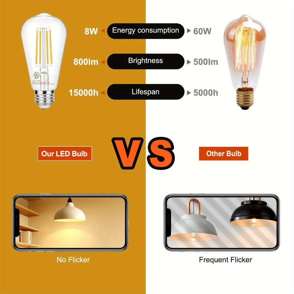 ST58 Vintage Edison LED Filament Bulb 8W 2700K Warm White Dimmable ¨C 60W Equivalent E26 Base Clear Glass Antique Style for Chandelier Pendant Bedroom Living Room Home Commercial, 12 & 24 Pack