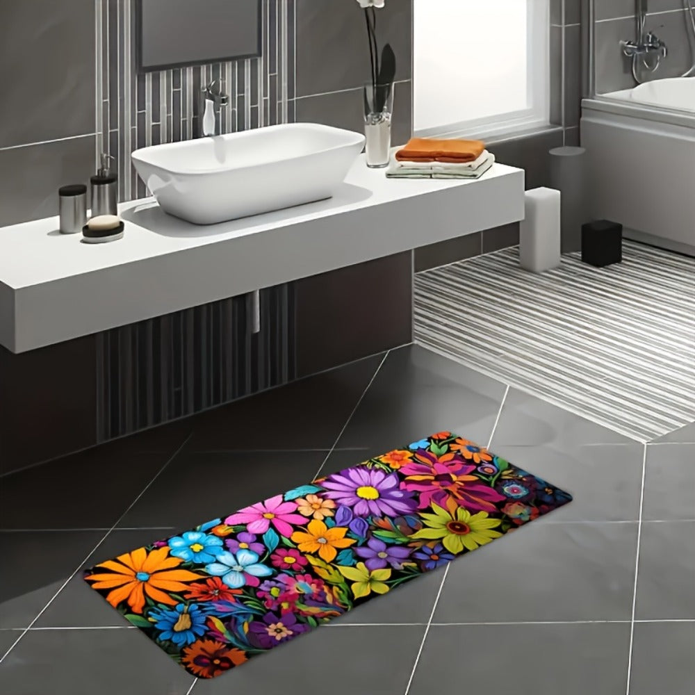 Kitchen Mat Floral Design ¨C Soft Non-Slip Rectangular Rug, Machine Washable 100% Polyester Floor Mat for Kitchen, Bathroom, Laundry Room, Living Room & Bedroom