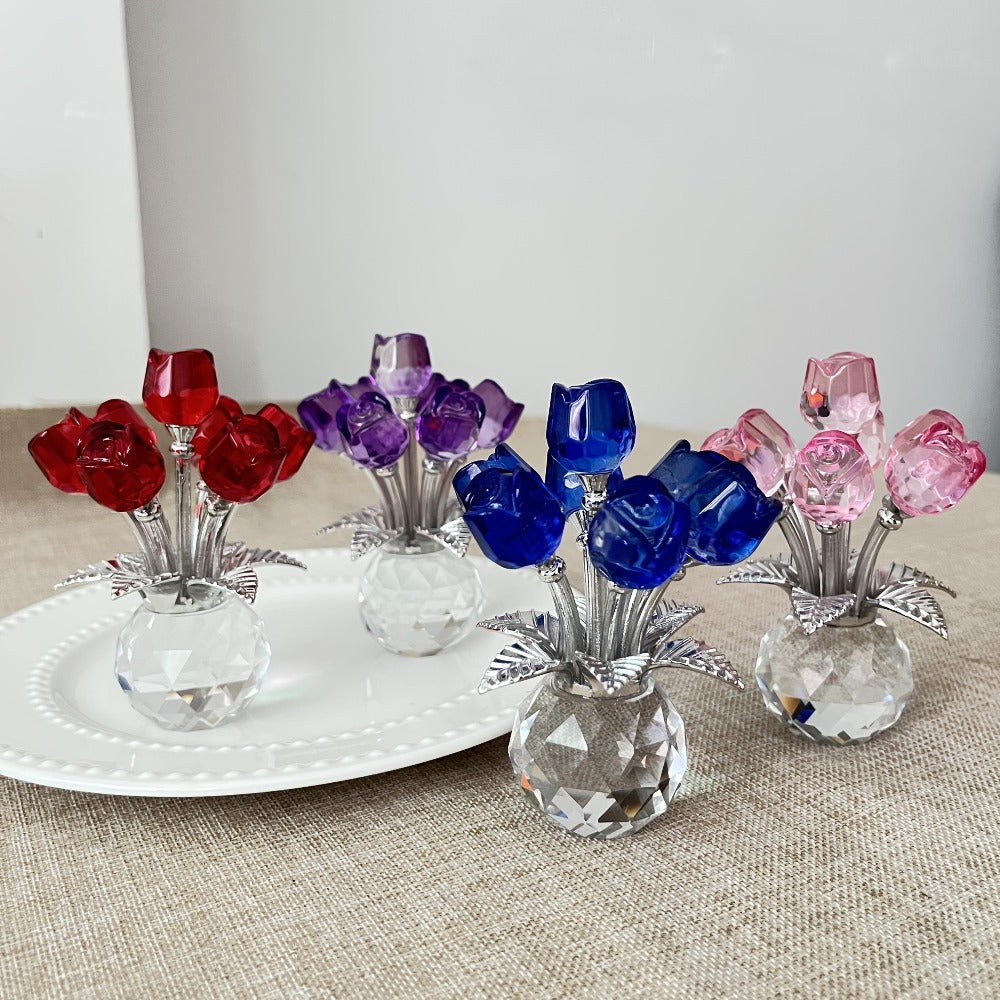 Glass Rose Sculpture Floral Home Decor ¨C Sparkling Leaves Art Figurine for Bedroom, Living Room, Valentine's Day Gift