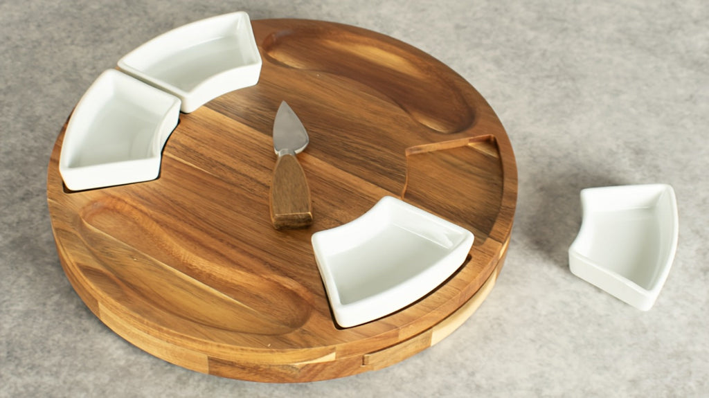 Acacia Wood Charcuterie Board Set Circular Cheese Board with Drawer Knife Set & Ceramic Bowls | Premium Serving Platter Gift Set for Housewarming Bridal Shower Wedding Birthday Women 13x13 Inch