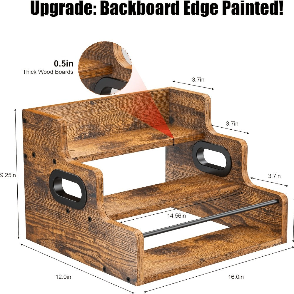 Wood Wine Rack 3 Tier Countertop Liquor Bottle Display Shelf | Solid Wood Bar Organizer for Whiskey Spirits Coffee Syrup Spices | Retro Mini Bar Cabinet Stand for Home Kitchen