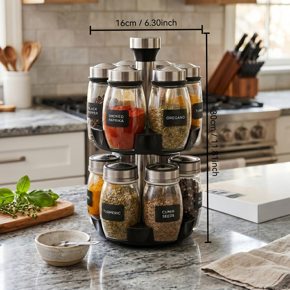 Glass Spice Jar Set with Rotating Rack ¨C Airtight Kitchen Spice Organizer with 360¡ã Stainless Steel Stand ¨C Food Grade Glass Seasoning Bottles for Pantry, Cabinet & Countertop Storage ¨C 6 or 12 Piece