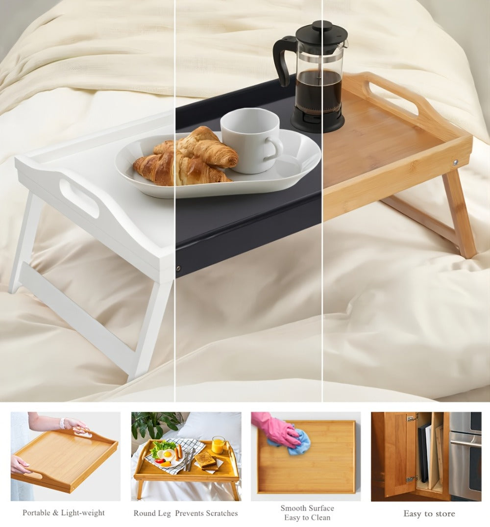 Bamboo Breakfast Tray with Folding Legs & Handles 2 Pack ¨C Extra Wide Foldable Bed Tray Table for Eating, Working & Drawing on Sofa or Bed, Food-Safe Natural Bamboo with 10 Paper Plates