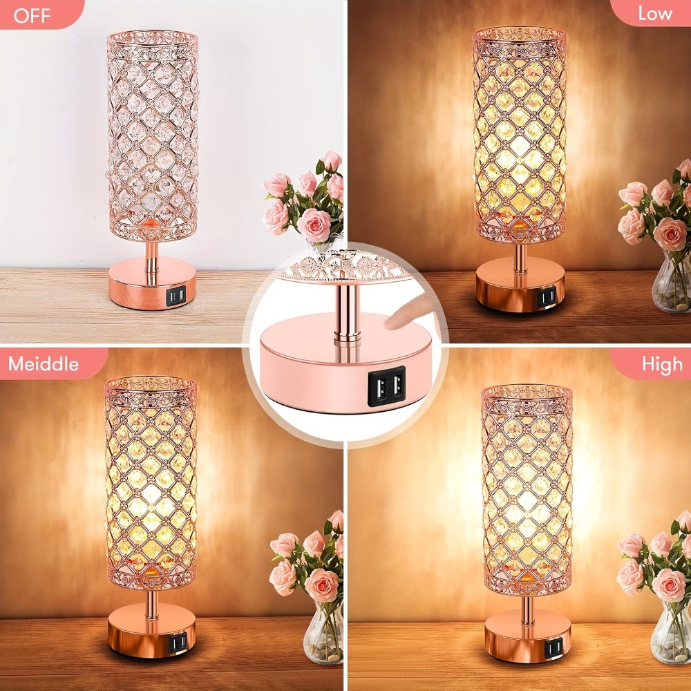 Crystal Bedside Table Lamp with Touch Control & 2 USB Charging Ports, 3-Way Dimmable Nightstand Lamp with Decorative Crystal Base, LED Bulb Included, for Bedroom Living Room Office