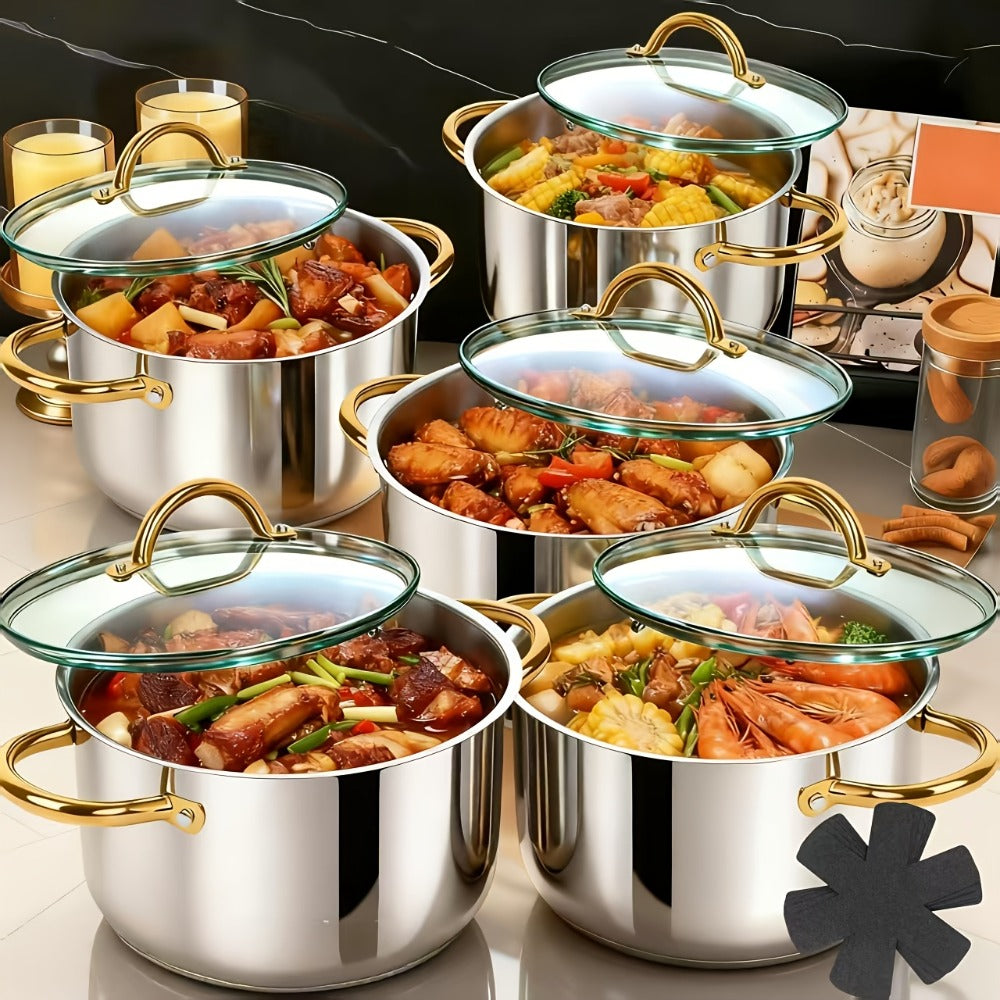 Stainless Steel Non-Stick Cookware Set 1 11 & 13 Piece ¨C Non-Toxic Dishwasher & Oven Safe Kitchen Cooking Set | Frying Boiling Stir-Fry Pots and Pans | Golden Silver Pink Orange Home & Catering