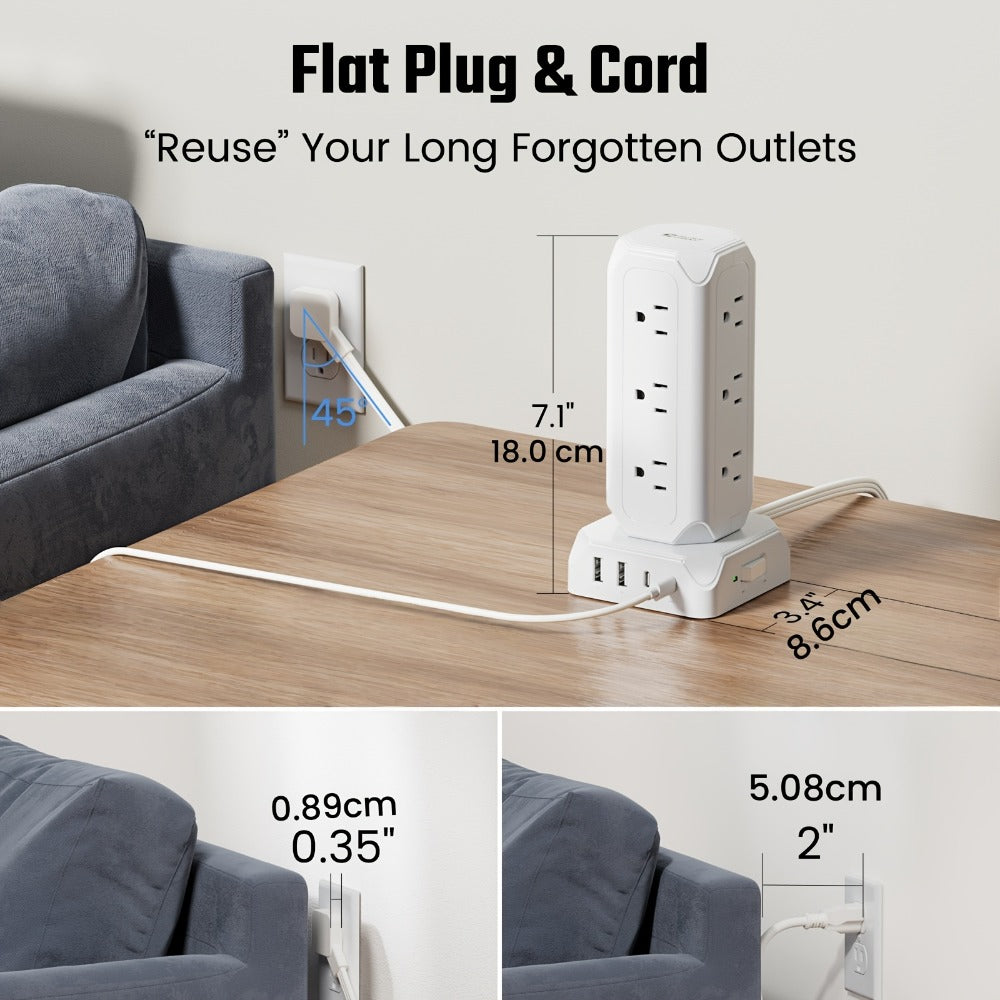 Power Strip Tower 16-in-1 Surge Protector 12 AC Outlets 4 USB Ports USB-C PD20W 1800J Protection Desktop Charging Station 10ft or 15ft Extension Cord for Office School Dorm White