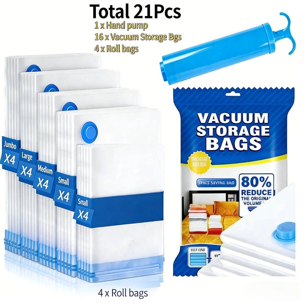 Vacuum Storage Bags with Air Pump, 20-21 Pack Reusable Compression Bags for Clothes, Quilts & Blankets ¡ª 4 Sizes Space-Saving Storage for Travel, Moving & Organizing | Transparent