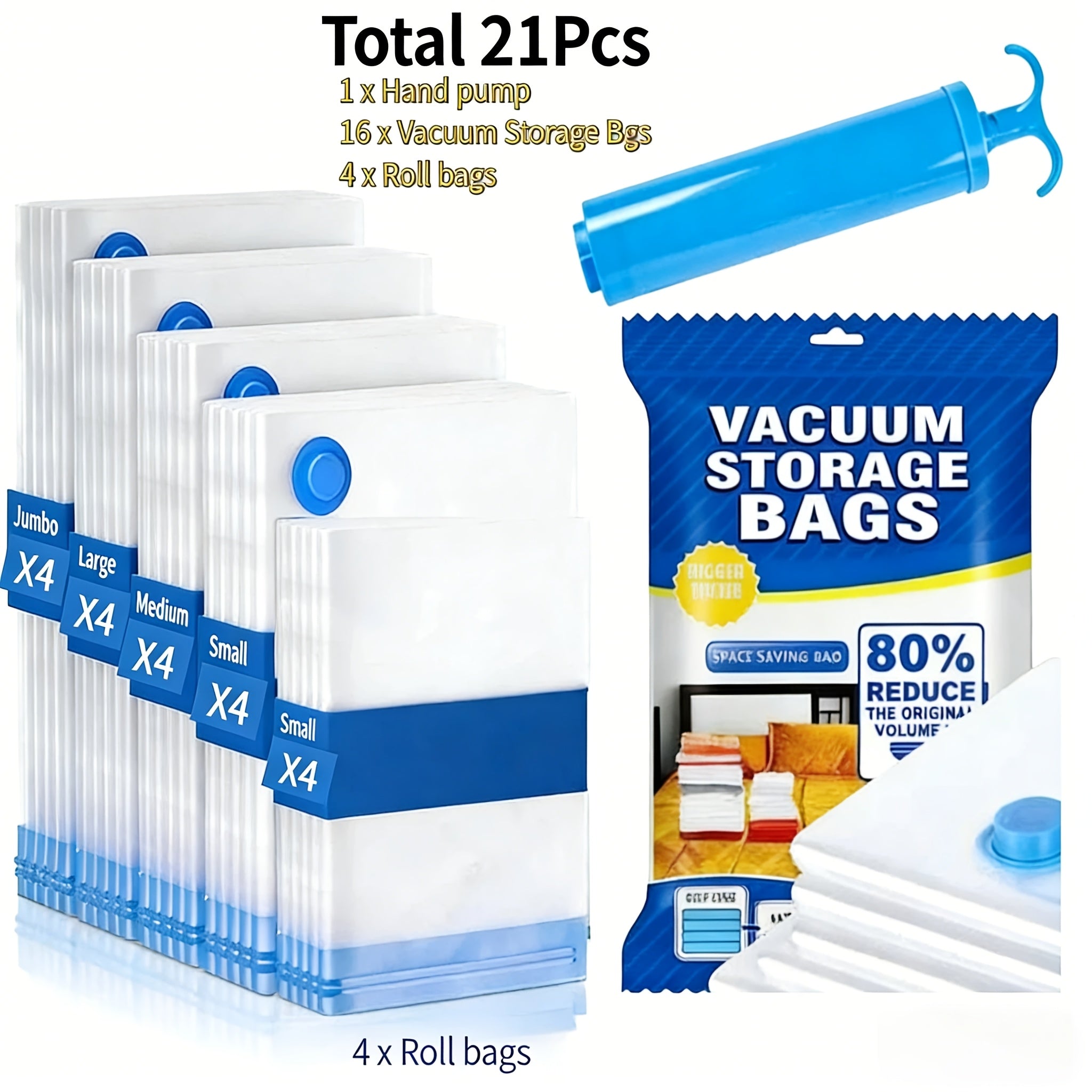 Vacuum Storage Bags with Air Pump, 20-21 Pack Reusable Compression Bags for Clothes, Quilts & Blankets ¡ª 4 Sizes Space-Saving Storage for Travel, Moving & Organizing | Transparent