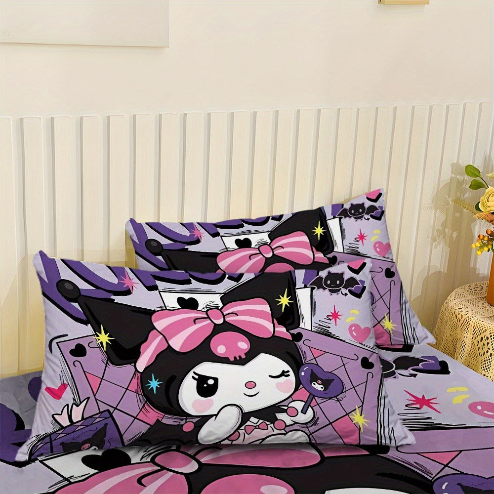 Sanrio Hello Kitty & Kuromi Bedding Set 3pcs ¨C Fitted Sheet & Pillowcases, Soft Polyester, Machine Washable, Twin Full Queen King, All-Season Bedroom Decor for Kids Girls Home Guest Room