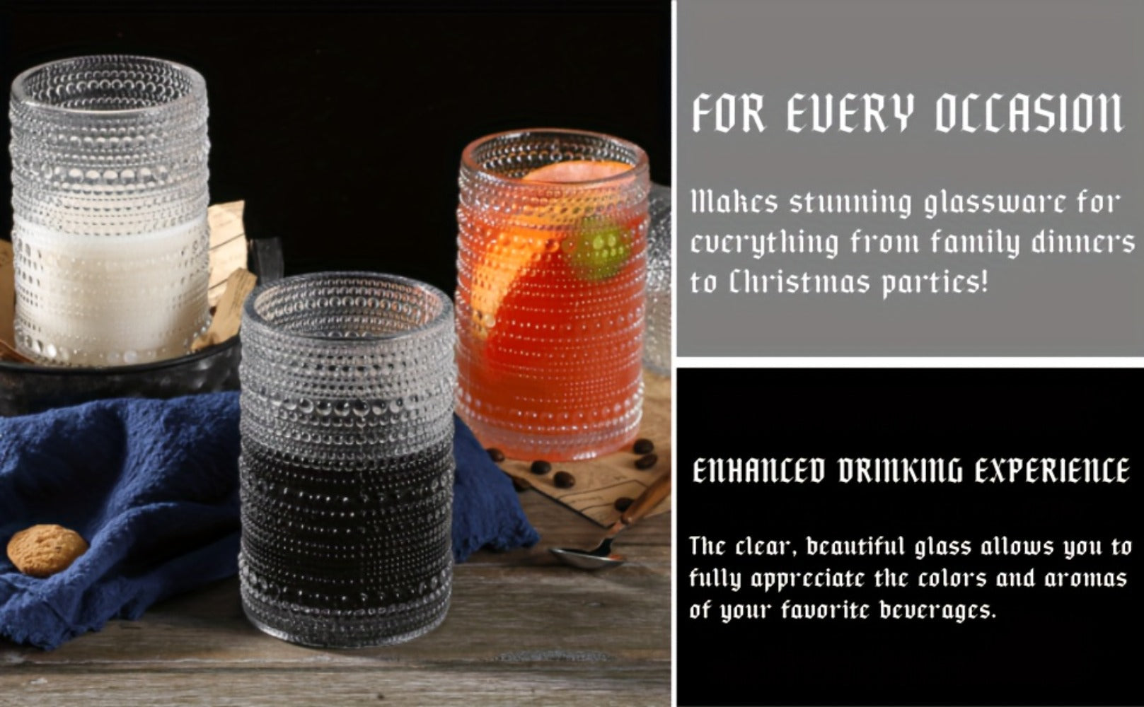 Hobnail Drinking Glasses Set of 6 ¨C 13 Oz Large Clear Glass Cups for Water, Wine & Cocktails