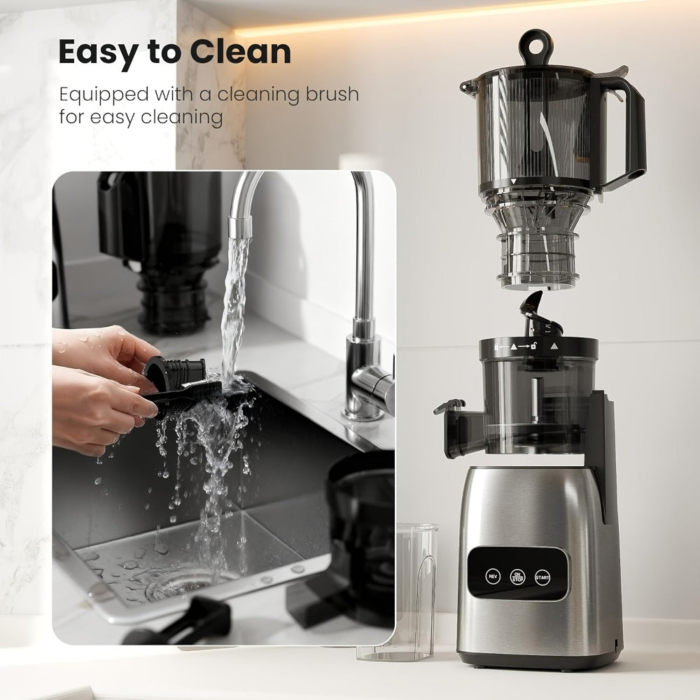 Cold Press Juicer Machine with Large Feed Chute - Slow Masticating Juicer for Whole Fruits & Vegetables, High Juice Yield, Easy to Assemble & Clean, LED Display Option, Silver, for Home & Kitchen