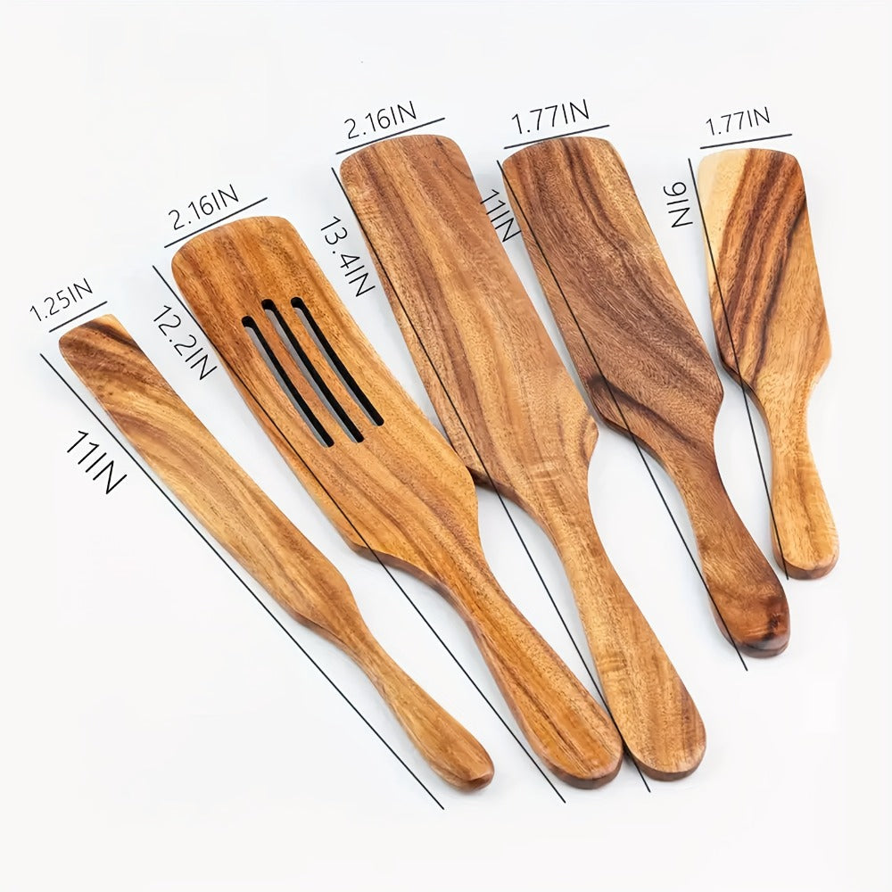 Wooden Kitchen Utensils Set 5pcs - Teak Spurtles Spatulas Spoons for Nonstick Cookware, Heat Resistant Non-Scratch Wood Cooking Tools