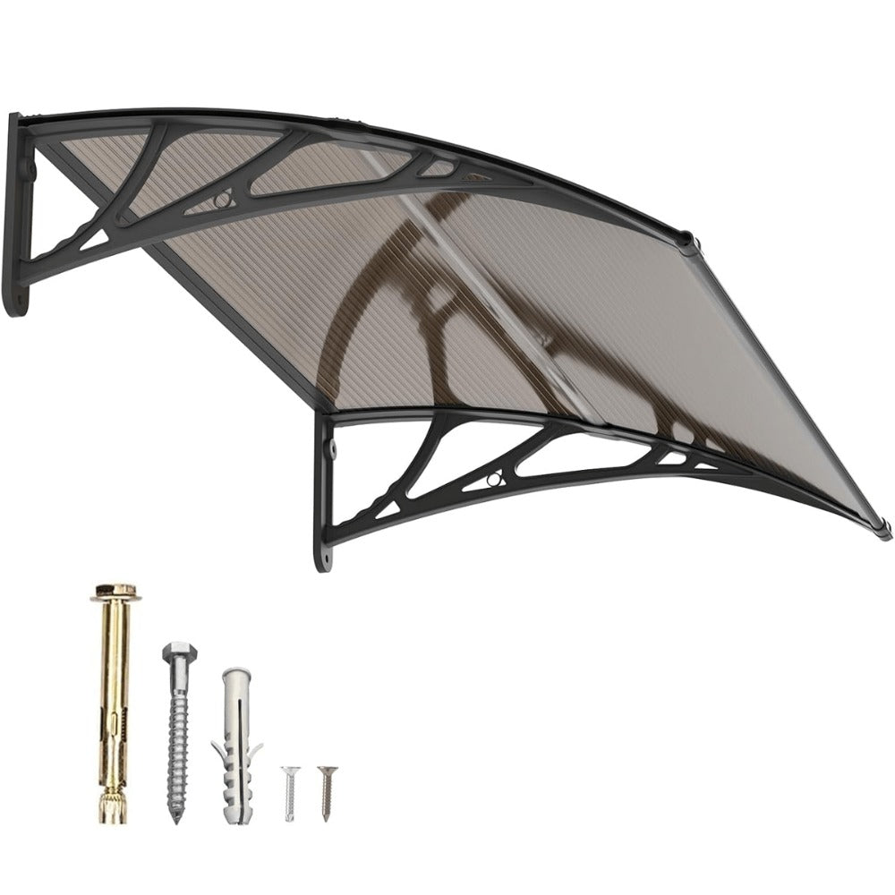 Polycarbonate Window Awning Door Canopy - UV Rain Snow Sun Protection Overhang for Doorways, Patio & Windows, Multiple Sizes, Black/Gray Bracket with Blue/Clear/Brown Board