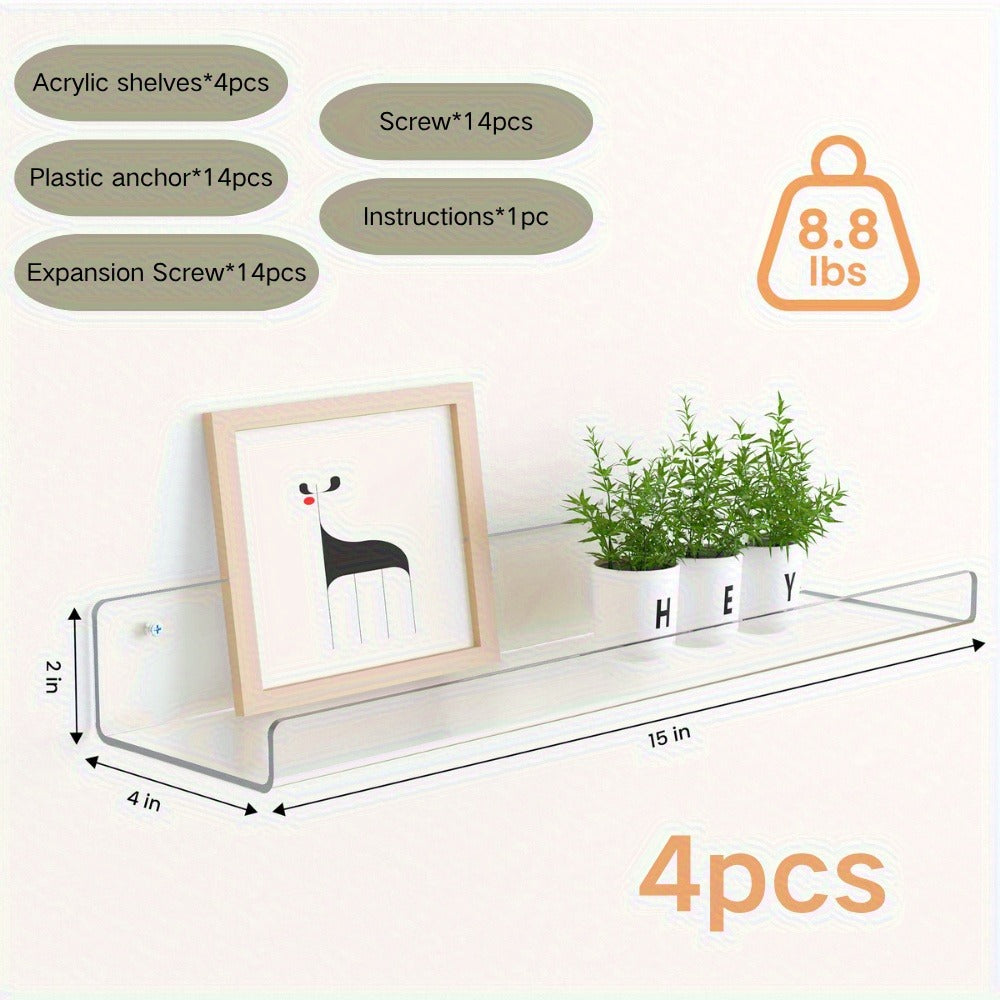Acrylic Floating Wall Shelves - Clear Display Shelf Organizer for Bathroom, Bedroom, Living Room & Kitchen, 15x4 Inch Wall Mounted Storage Bookshelf, Set of 4/8/16 Pack Room Decor
