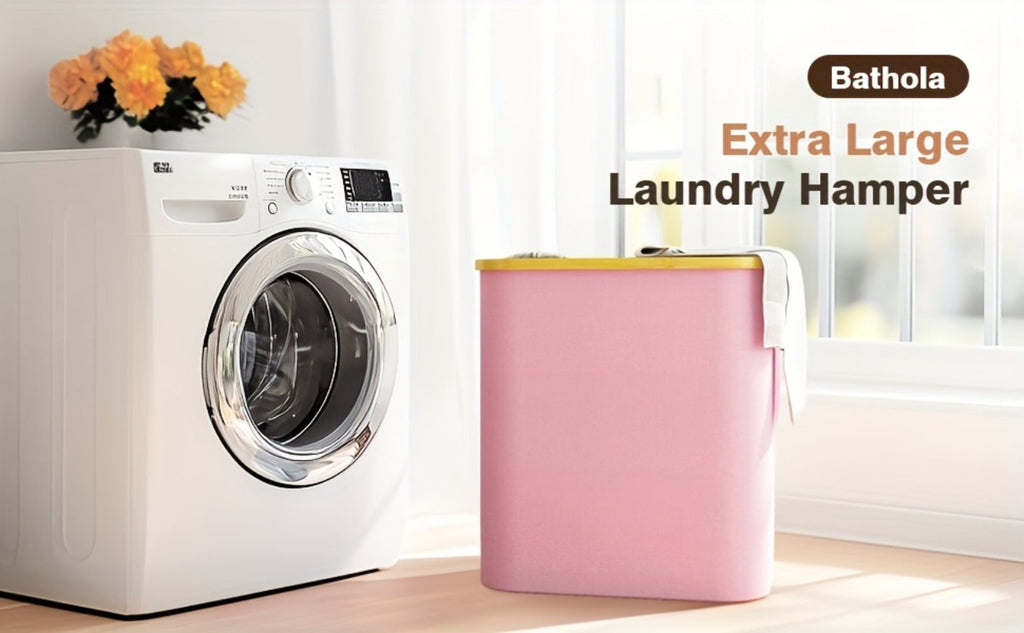 Laundry Hamper with Lid - 145L Extra Large 3-Section Fabric Sorter with Removable Washable Bags & Bamboo Handles, Pre-Sorting Labels, Pink Laundry Basket for Bedroom, Bathroom, Dorm & Home Organization