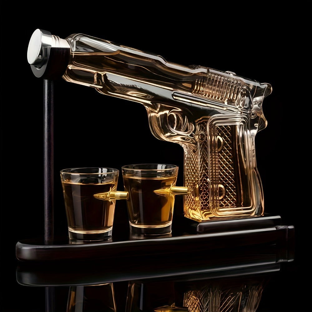 Whiskey Gun Decanter Set 10oz with 2 Bullet Shot Glasses & Wooden Stand, Handgun Shaped Liquor Decanter for Home Bar, Unique Novelty Gift for Men, Dad, Birthday & Valentine's Day