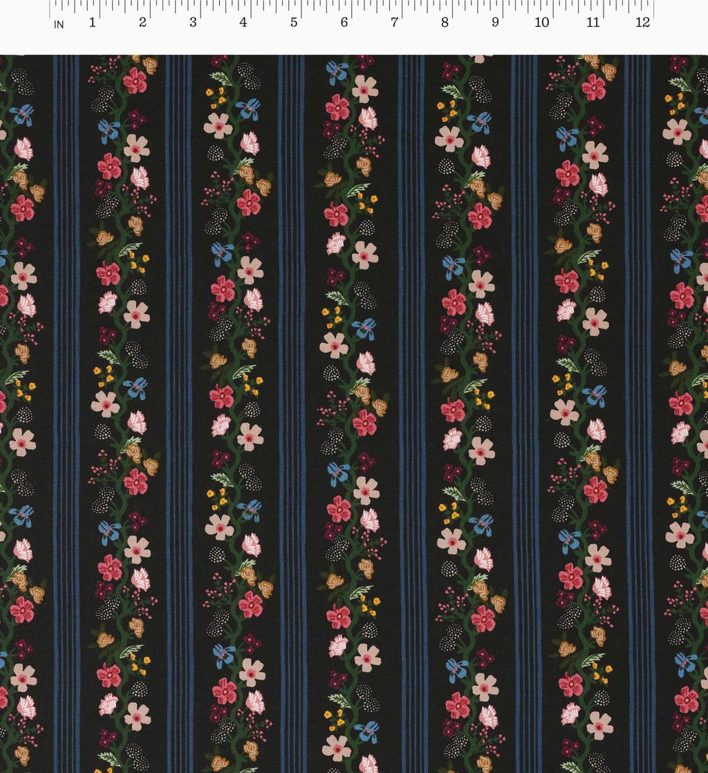Floral Trellis Stripe Cotton Fabric - Black