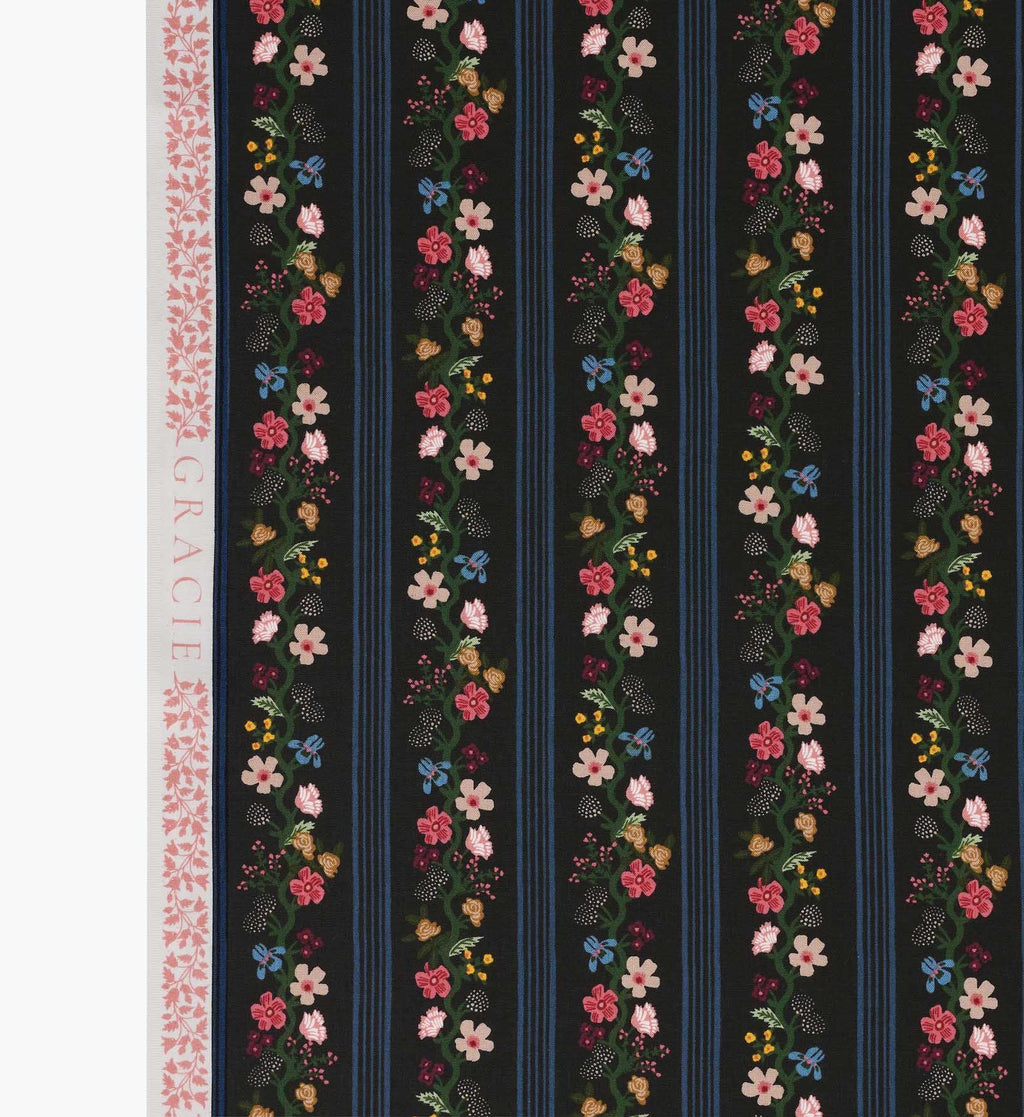 Floral Trellis Stripe Cotton Fabric - Black
