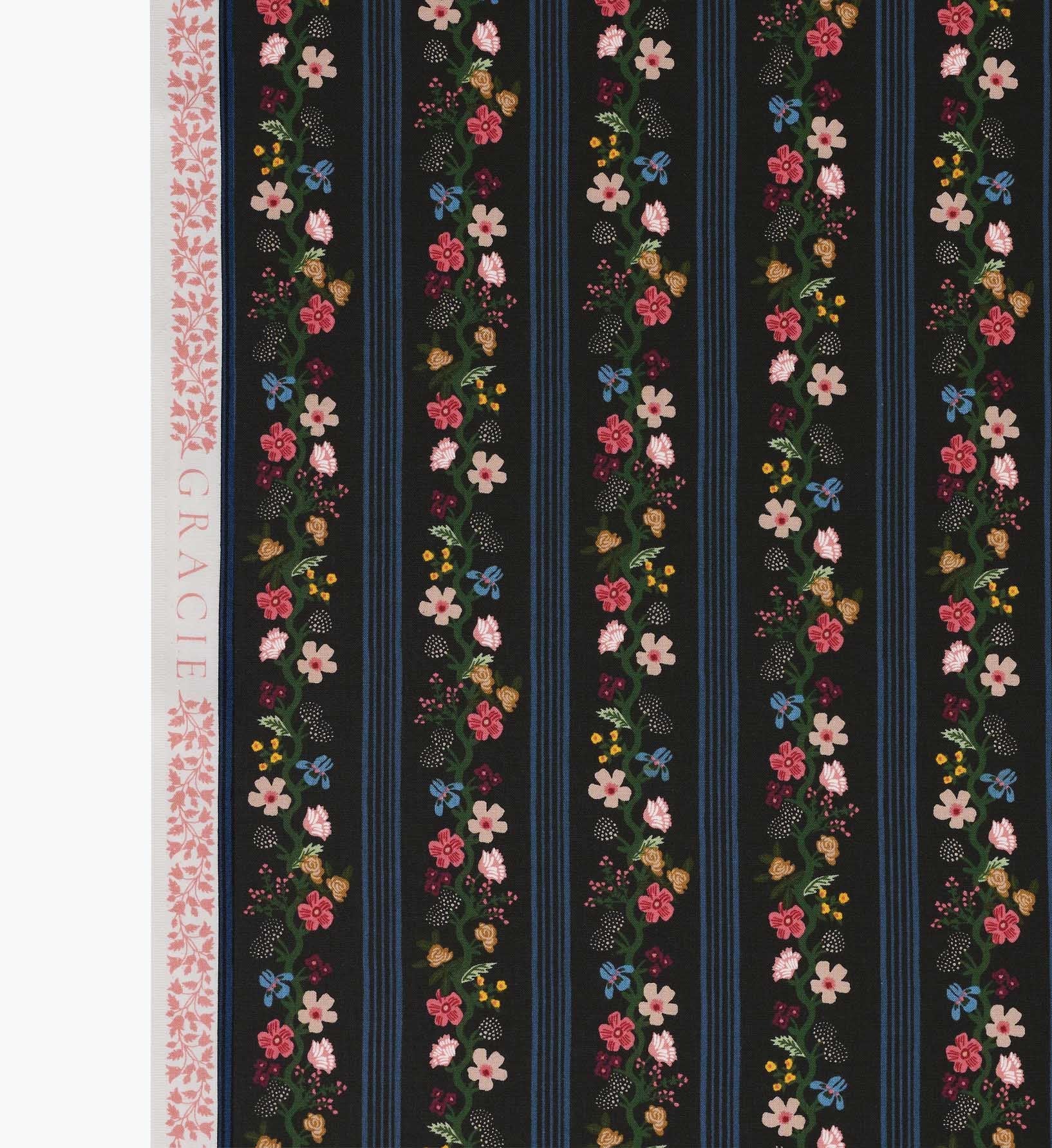 Floral Trellis Stripe Cotton Fabric - Black