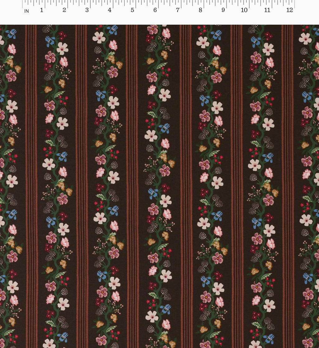 Floral Trellis Stripe Cotton Fabric - Cocoa
