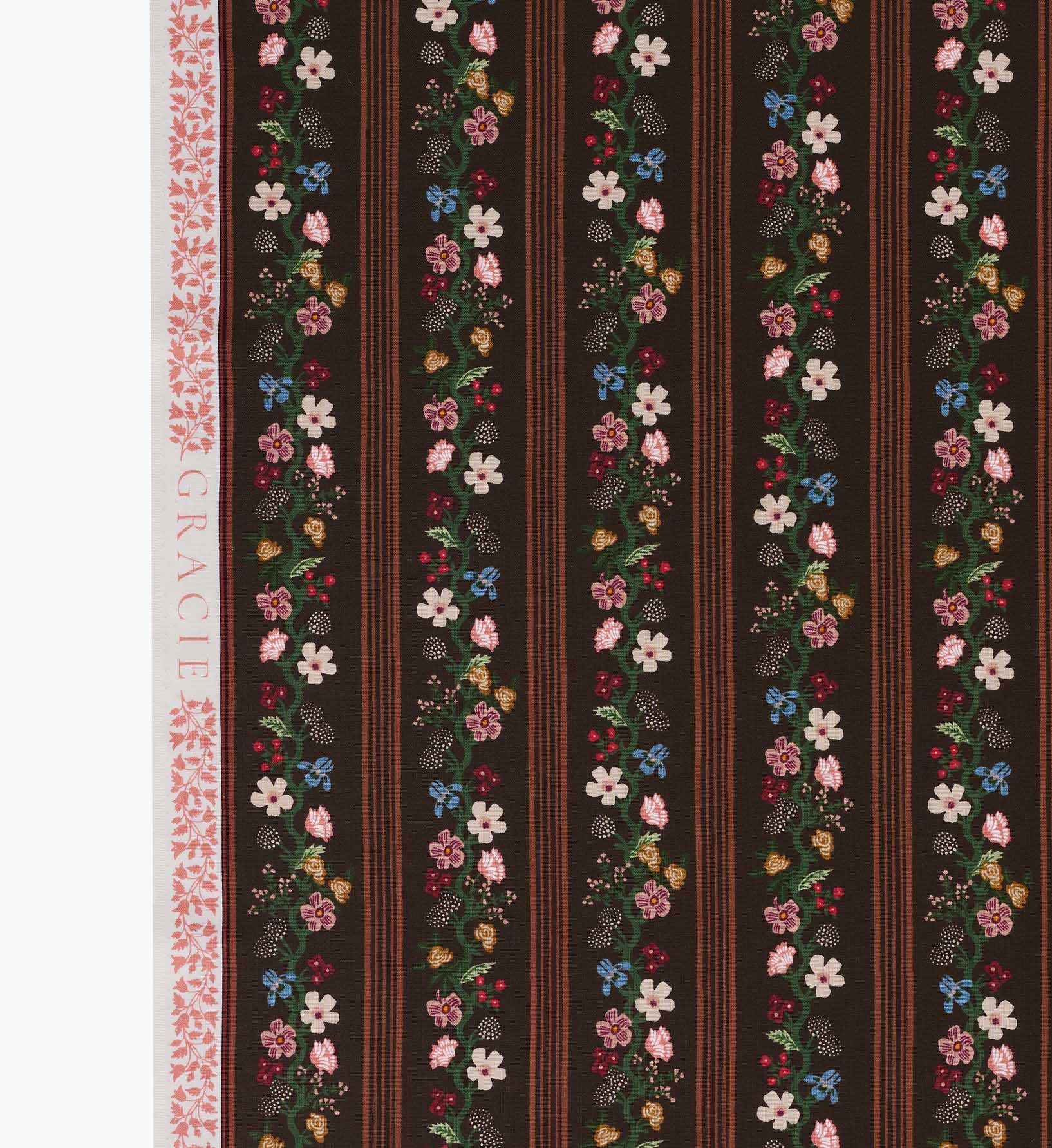 Floral Trellis Stripe Cotton Fabric - Cocoa