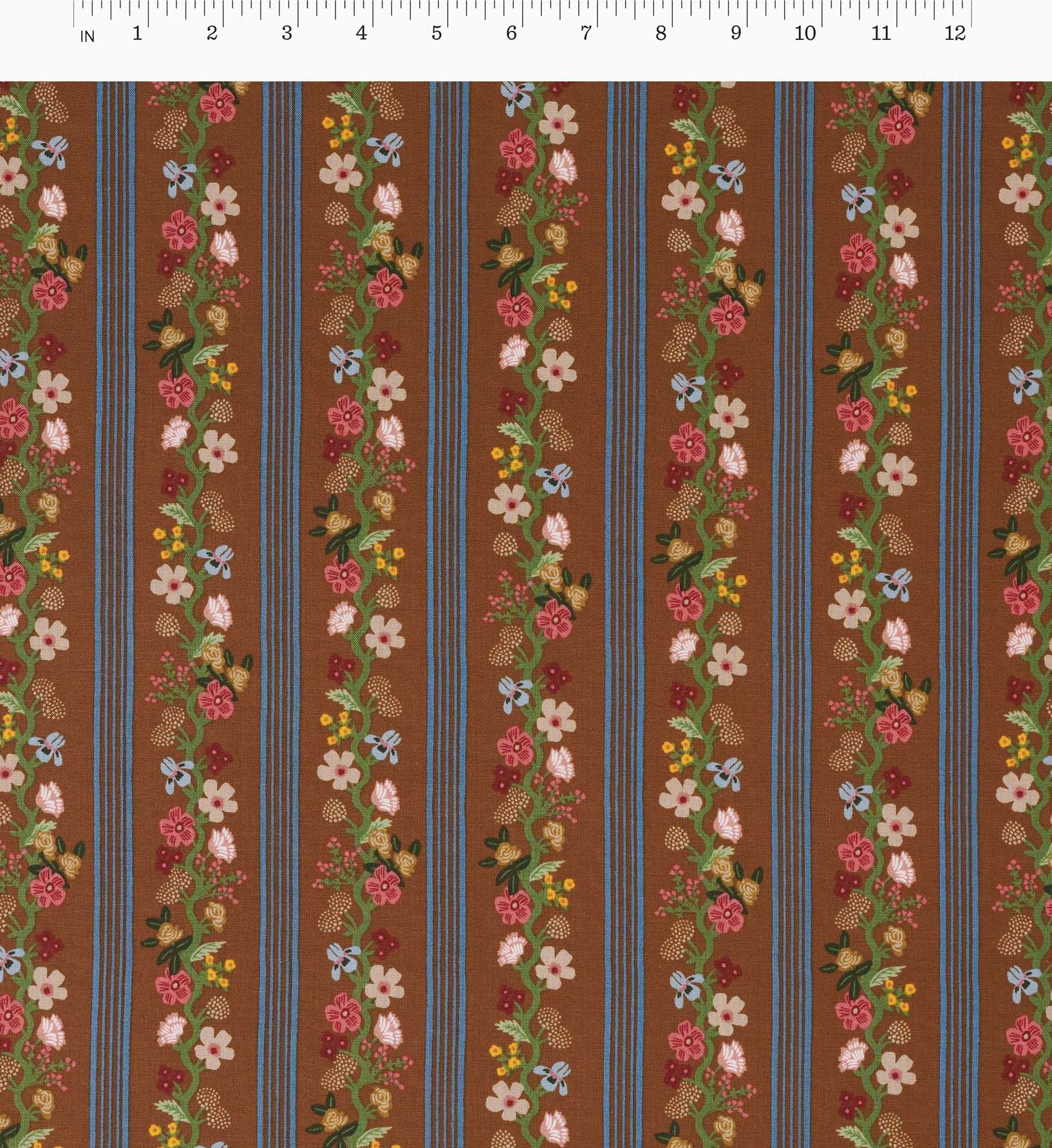 Floral Trellis Stripe Cotton Fabric - Clay