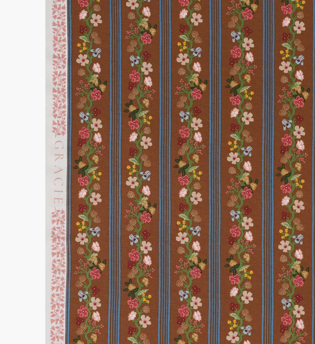 Floral Trellis Stripe Cotton Fabric - Clay