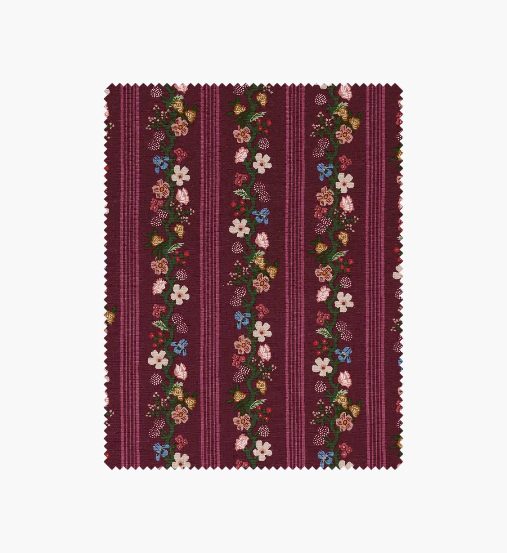 Floral Trellis Stripe Cotton Fabric - Burgundy