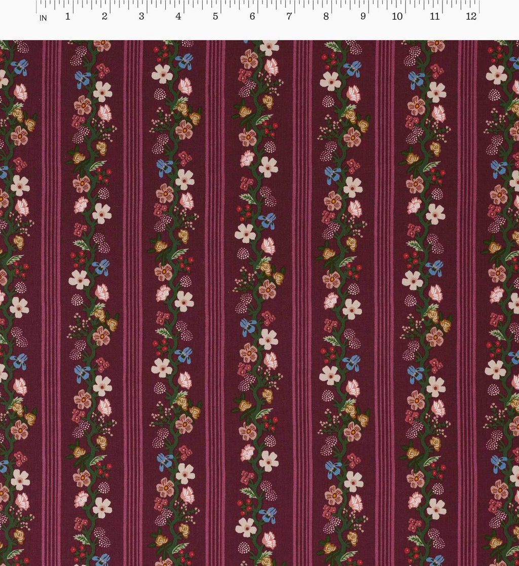 Floral Trellis Stripe Cotton Fabric - Burgundy