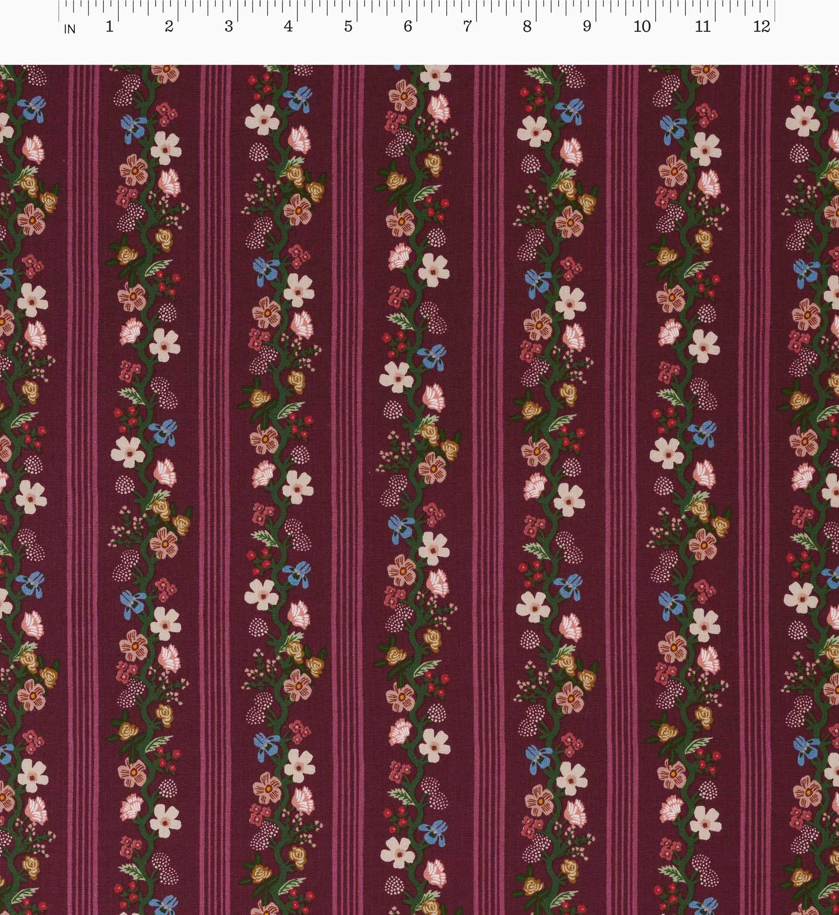 Floral Trellis Stripe Cotton Fabric - Burgundy