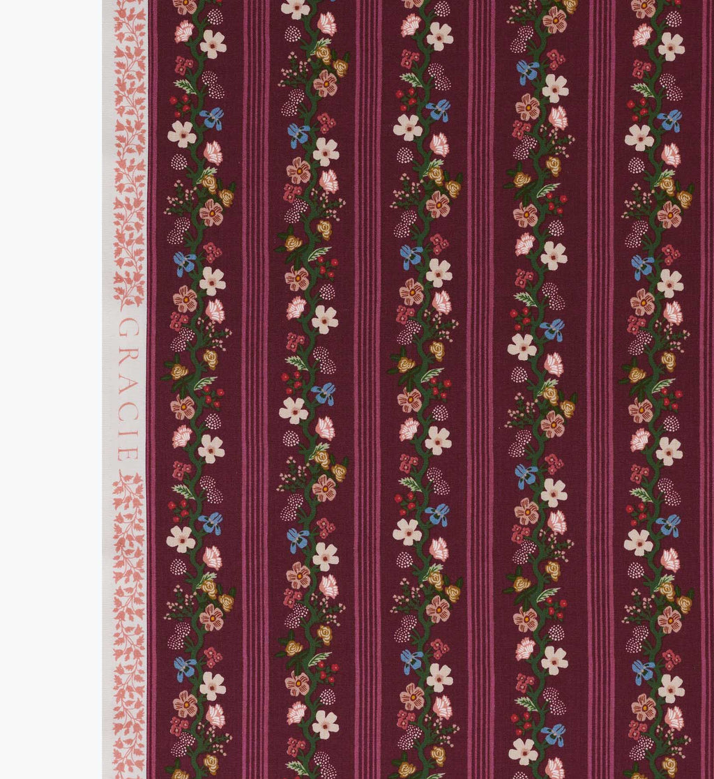 Floral Trellis Stripe Cotton Fabric - Burgundy
