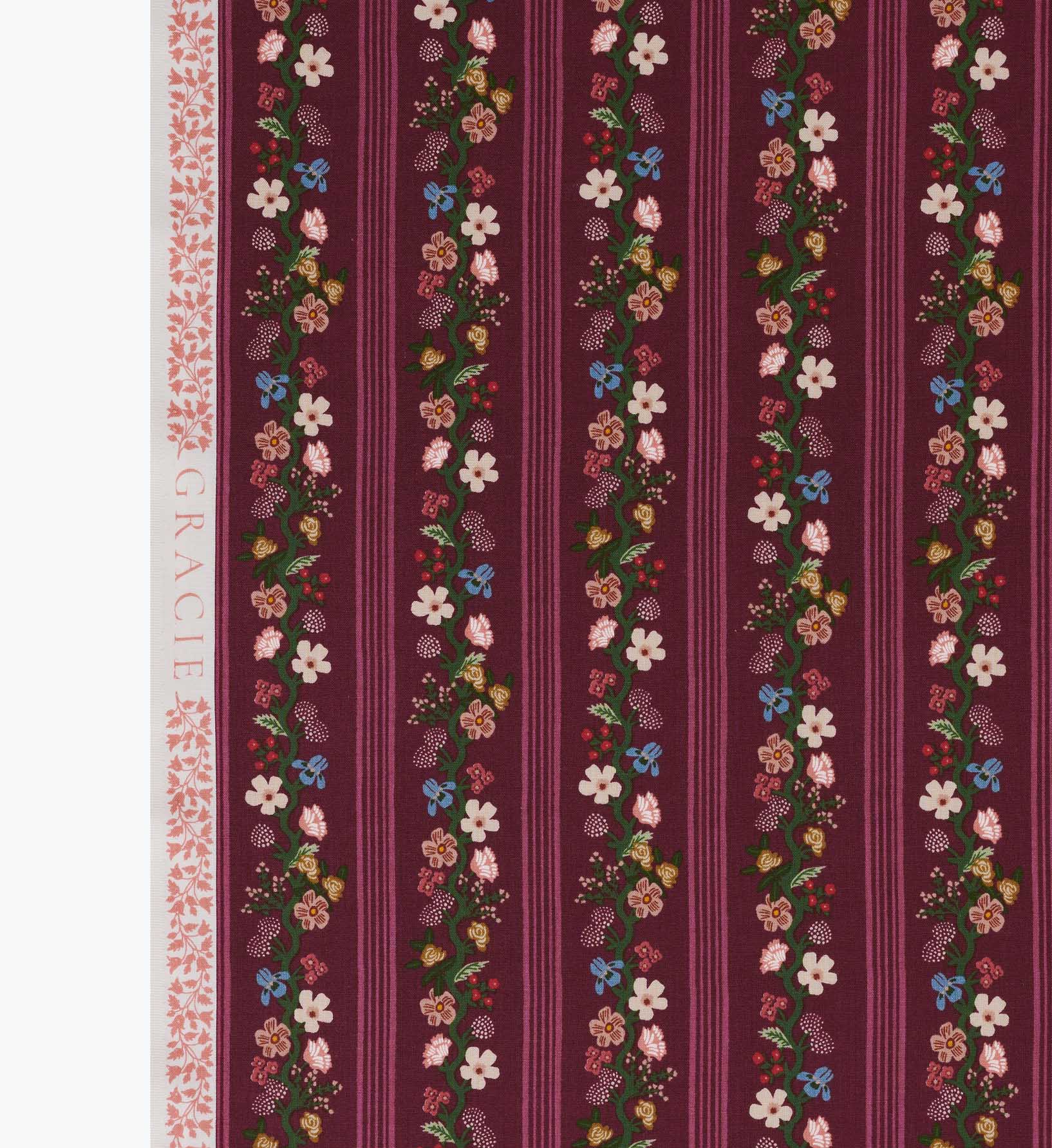 Floral Trellis Stripe Cotton Fabric - Burgundy