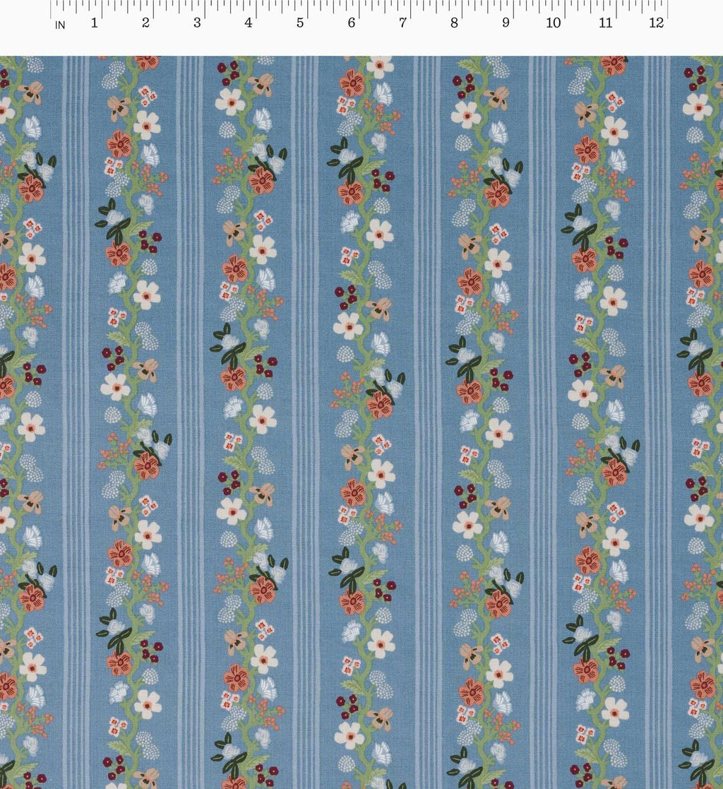 Floral Trellis Stripe Cotton Fabric - Slate