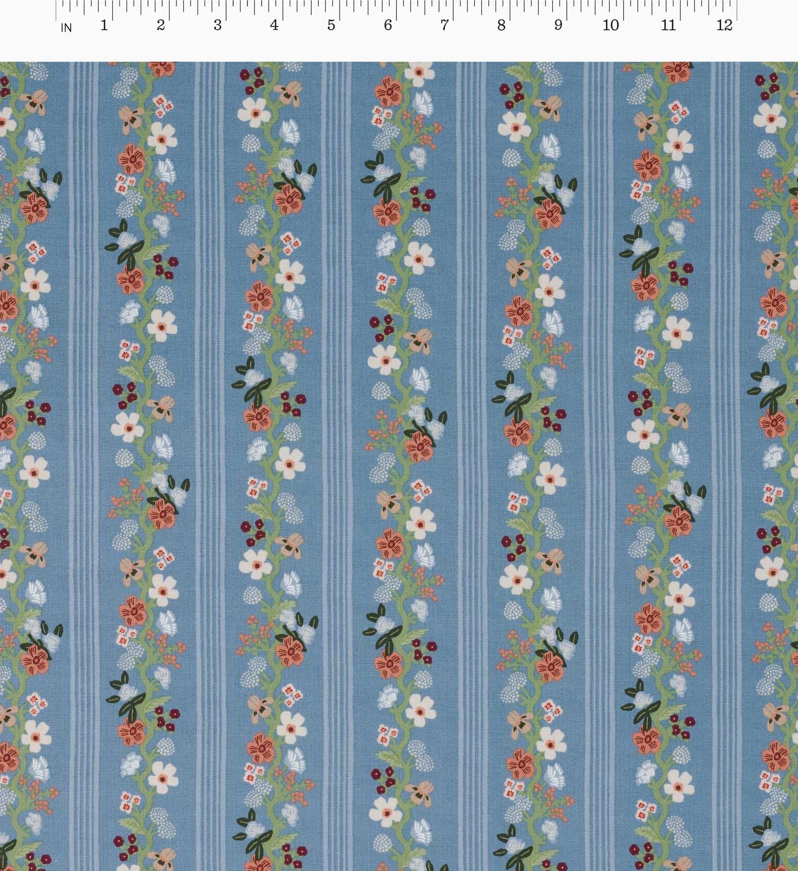 Floral Trellis Stripe Cotton Fabric - Slate