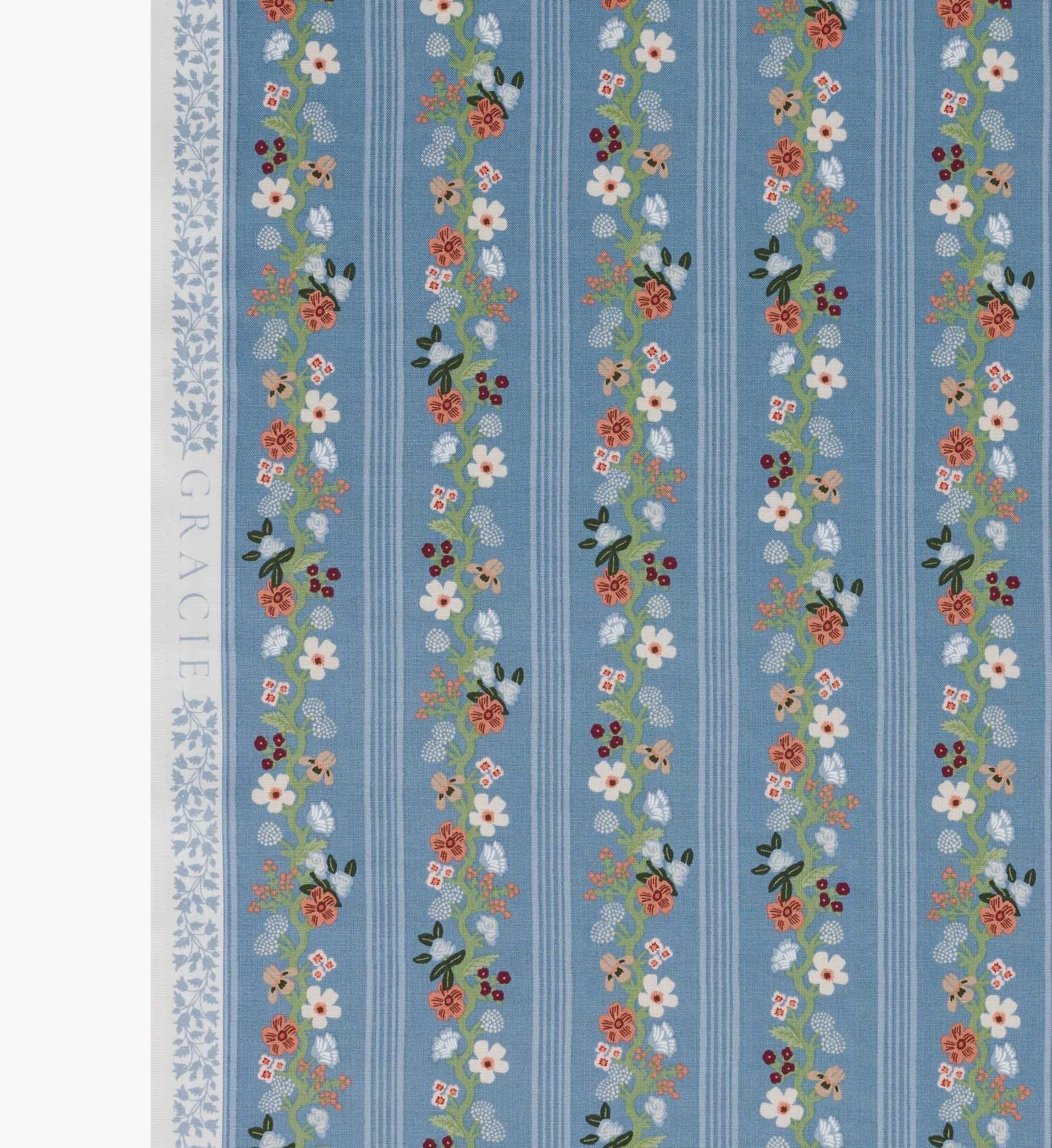 Floral Trellis Stripe Cotton Fabric - Slate