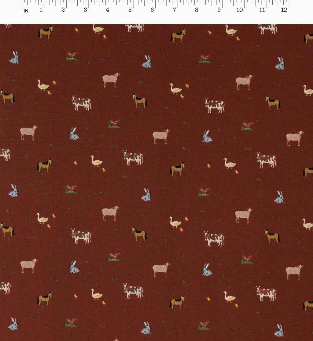 Farm Animals Cotton Fabric - Crimson