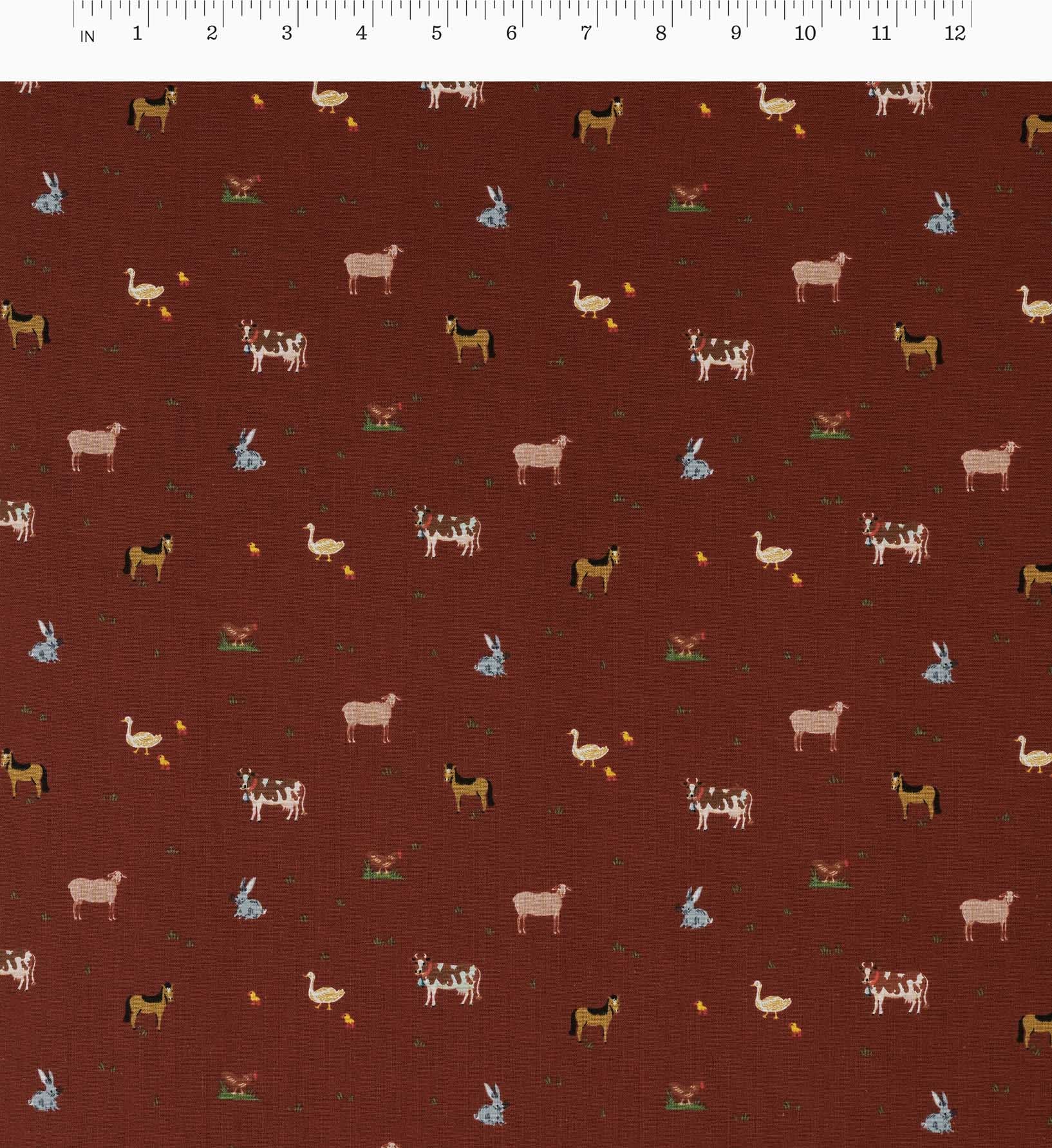 Farm Animals Cotton Fabric - Crimson