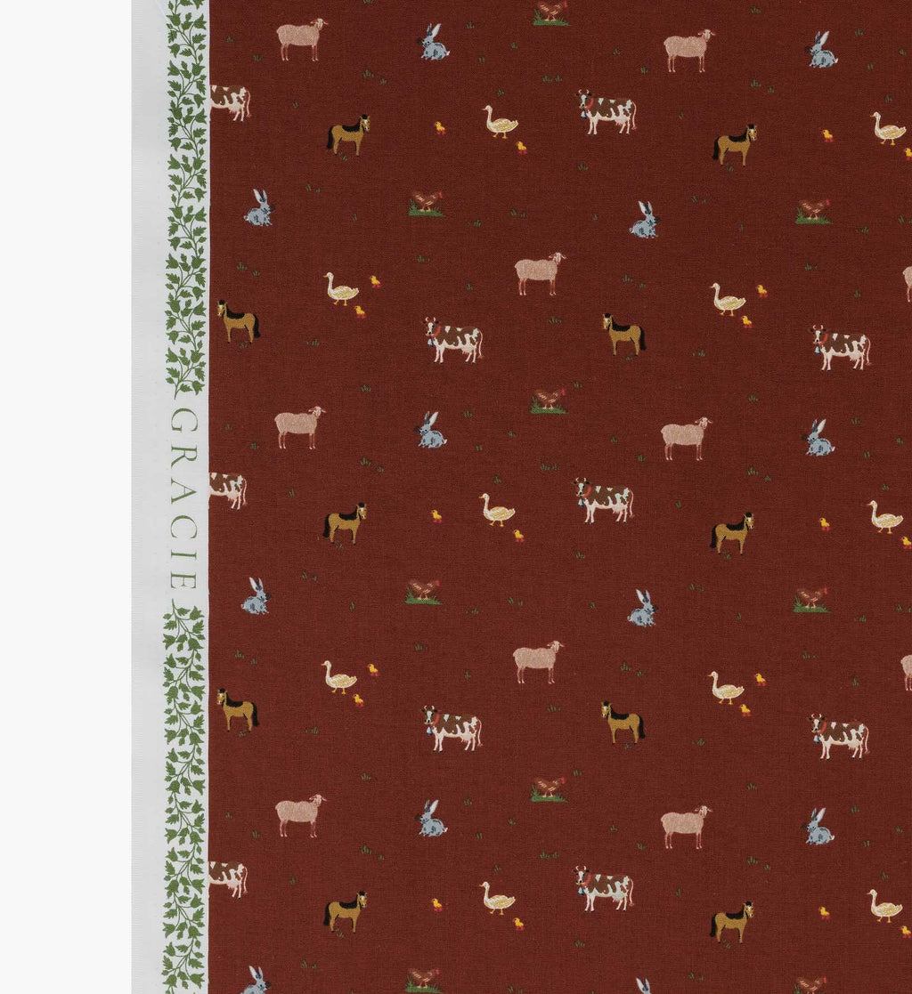 Farm Animals Cotton Fabric - Crimson