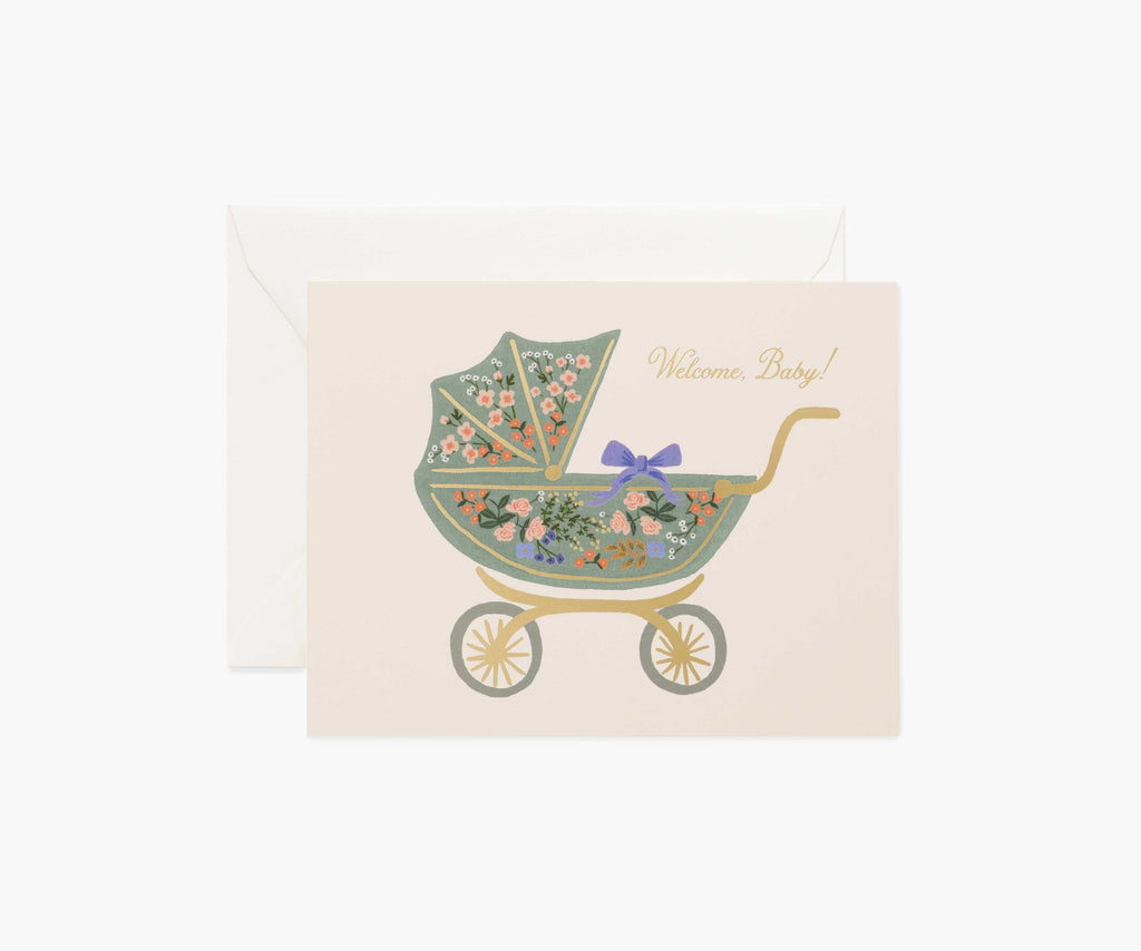 Floral Pram Baby Card - Single Card