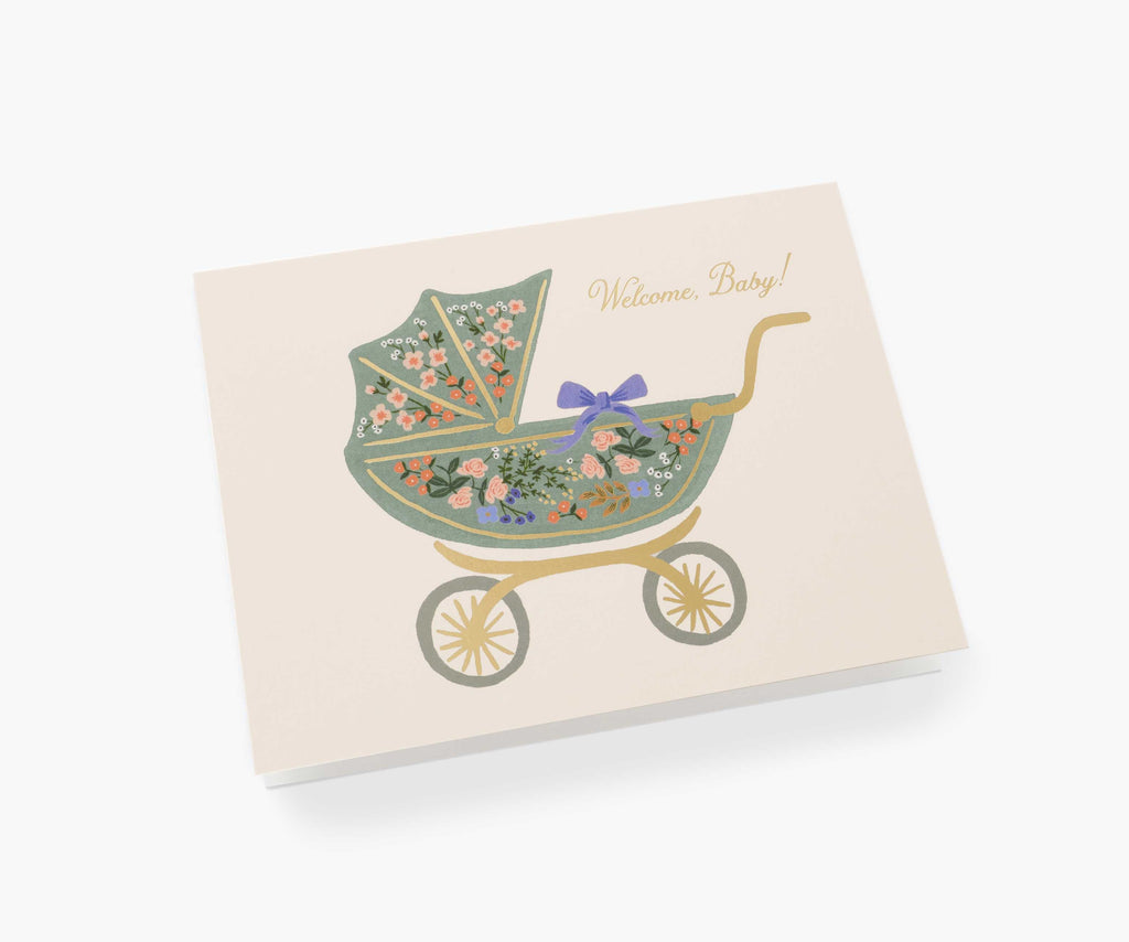 Floral Pram Baby Card - Single Card
