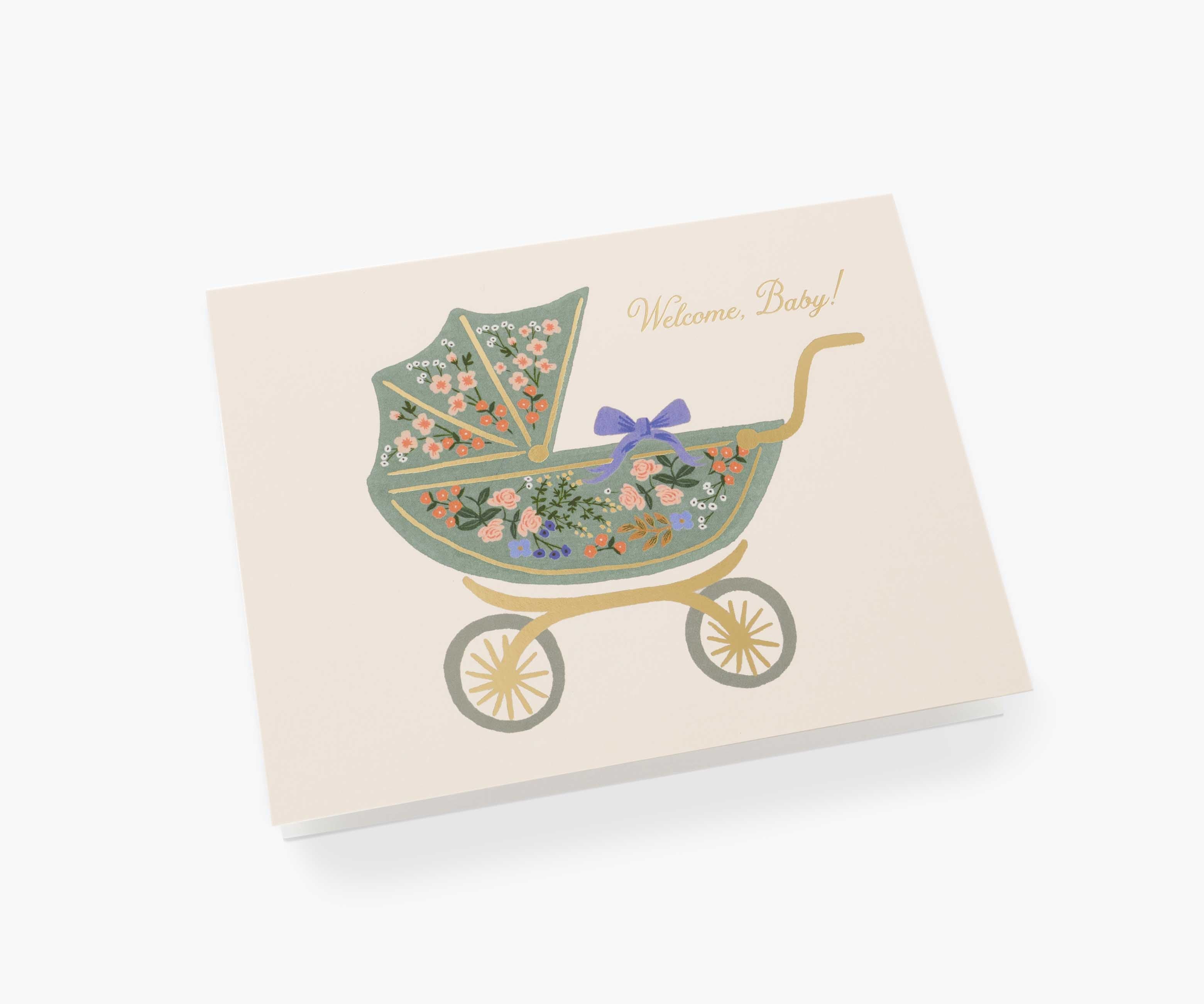 Floral Pram Baby Card - Single Card