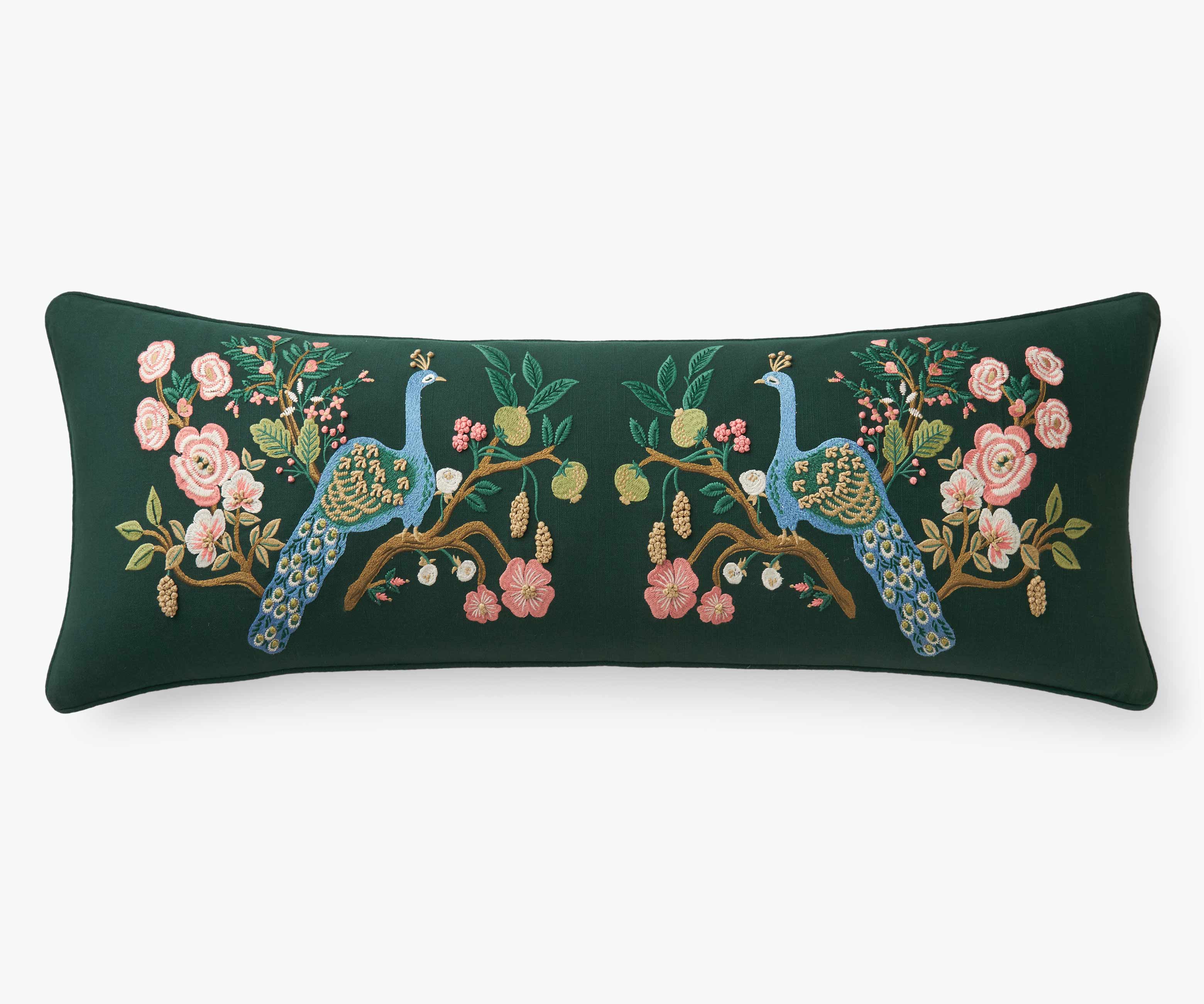 Embroidered Lumbar Pillow Cover - Peacock Emerald