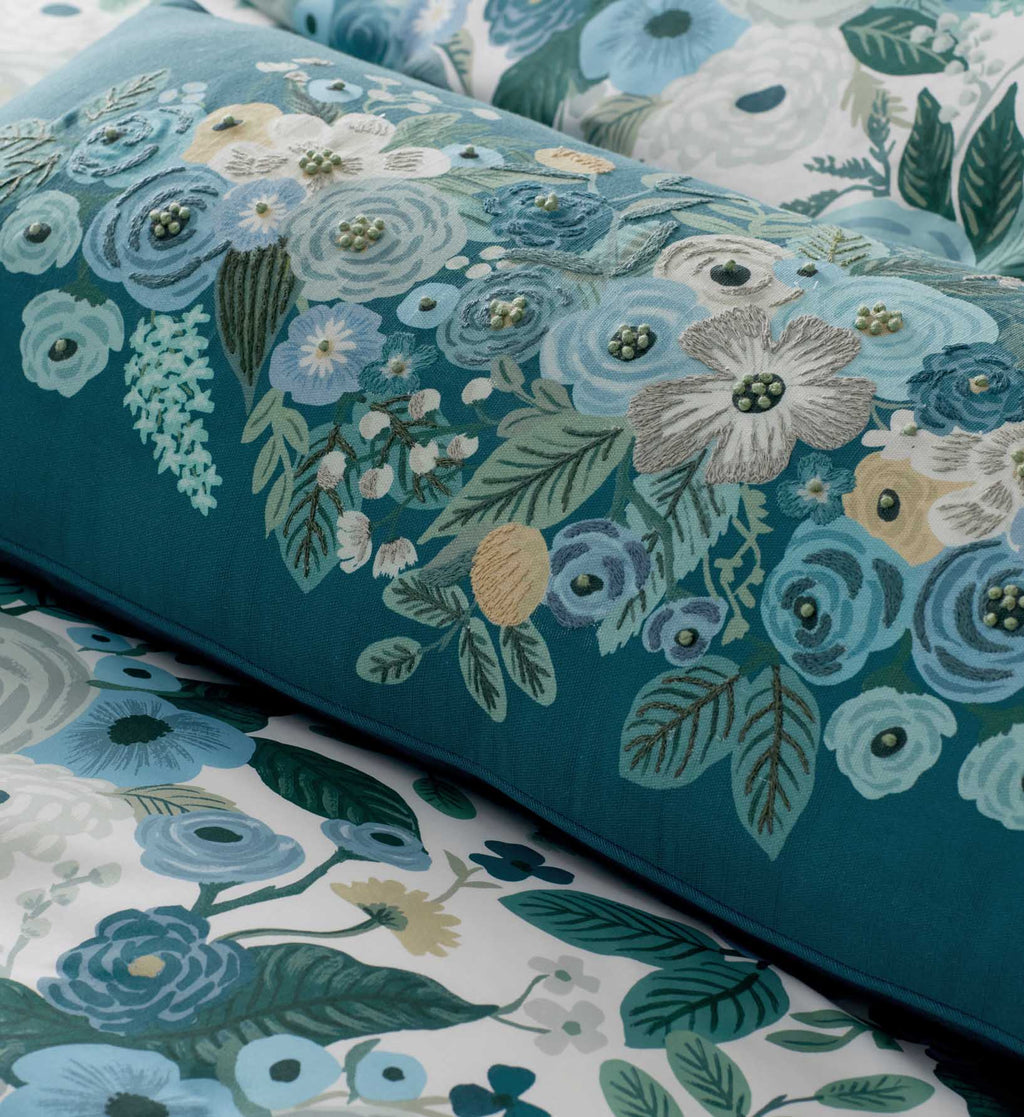 Embroidered Lumbar Pillow Cover - Garden Party Blue