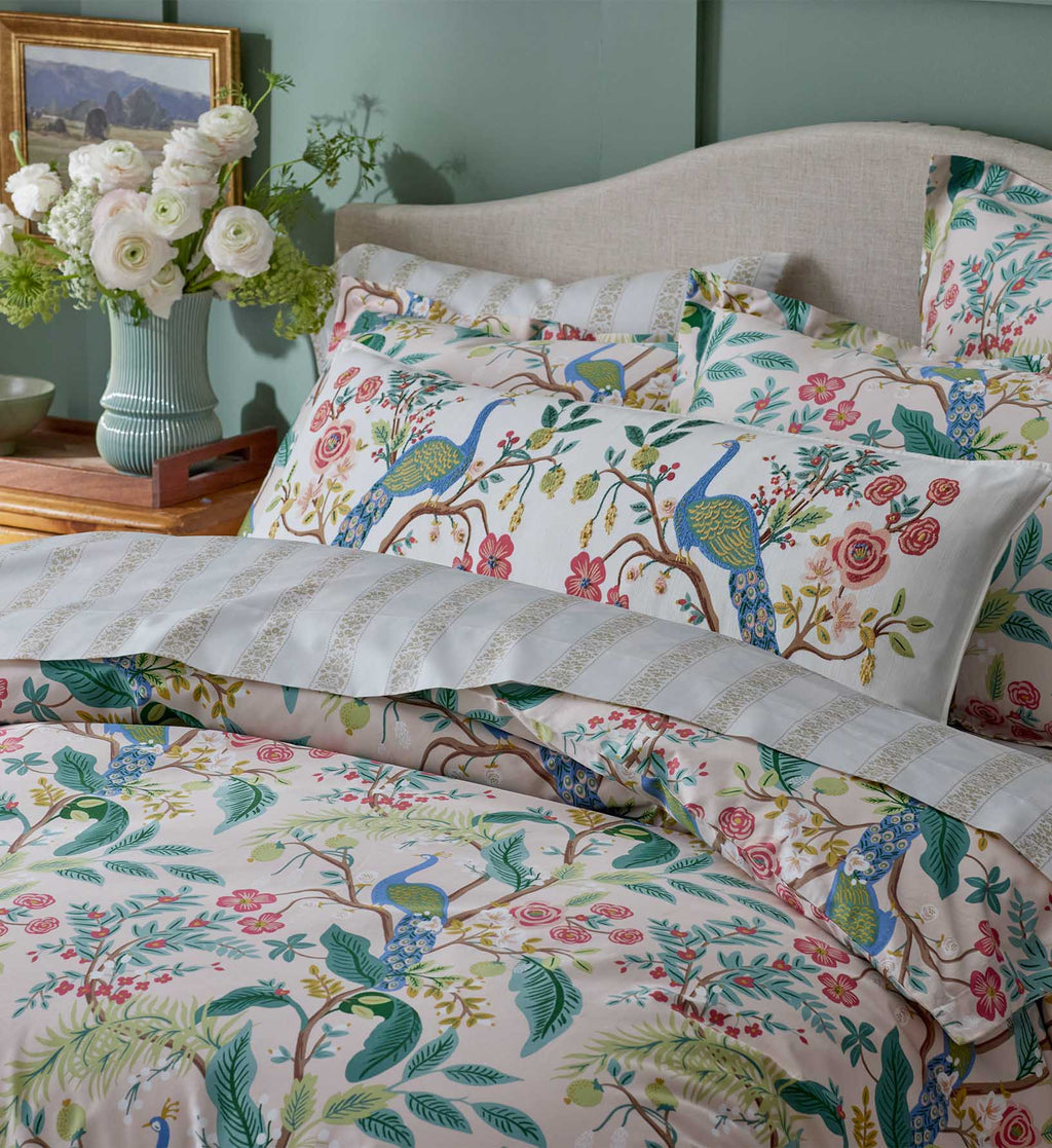 Embroidered Lumbar Pillow Cover - Peacock Ivory