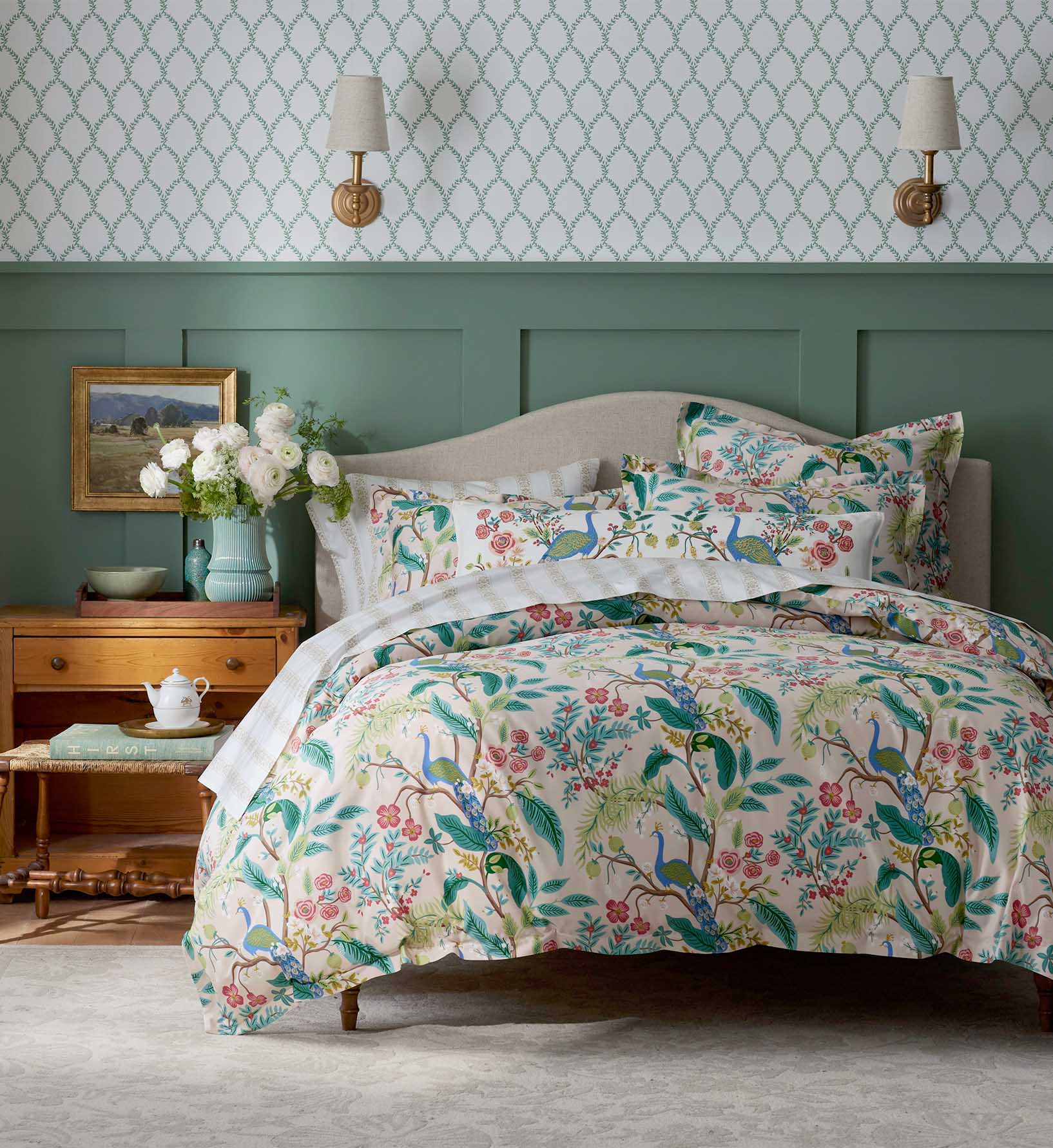 Embroidered Lumbar Pillow Cover - Peacock Ivory
