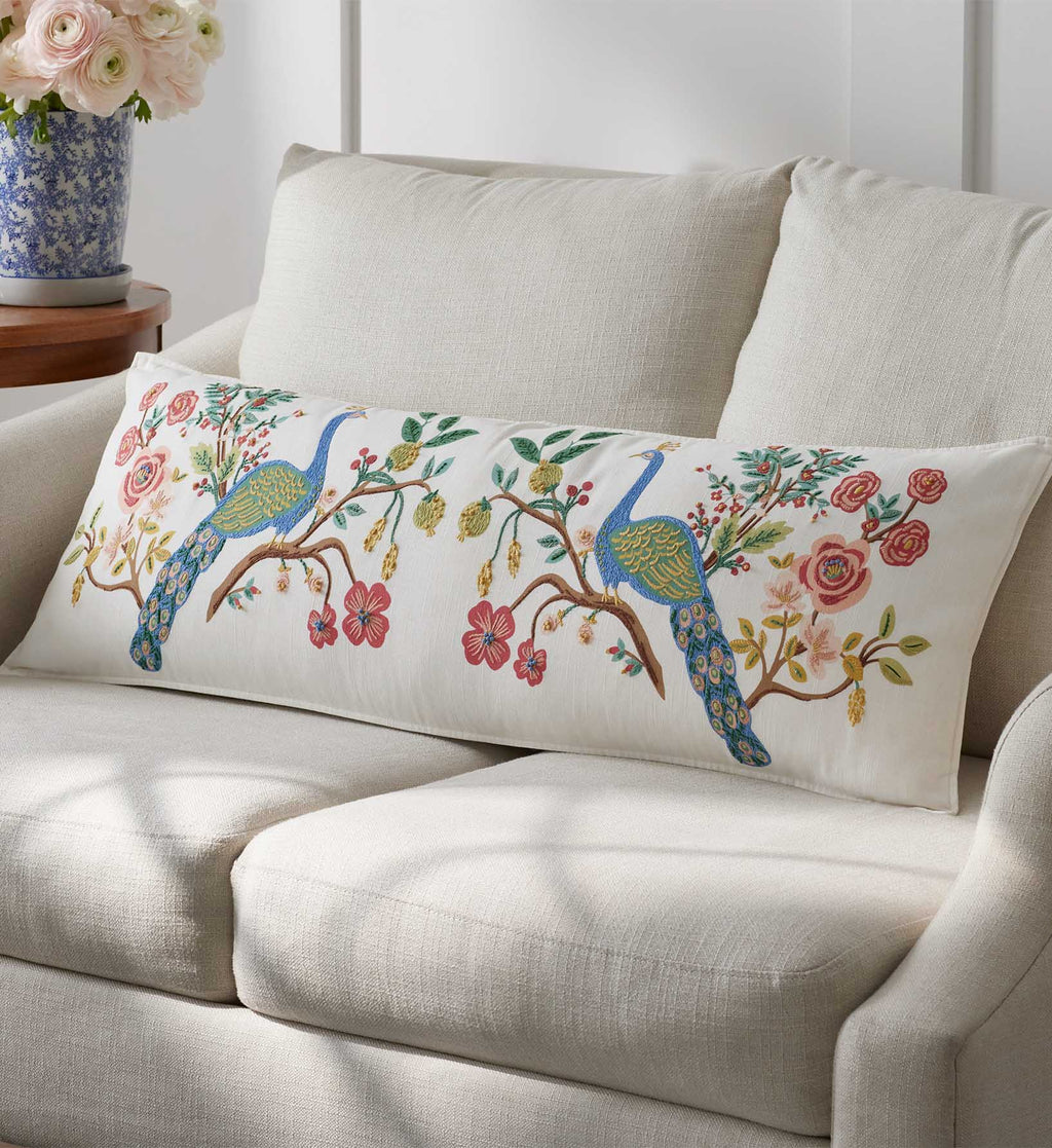 Embroidered Lumbar Pillow Cover - Peacock Ivory