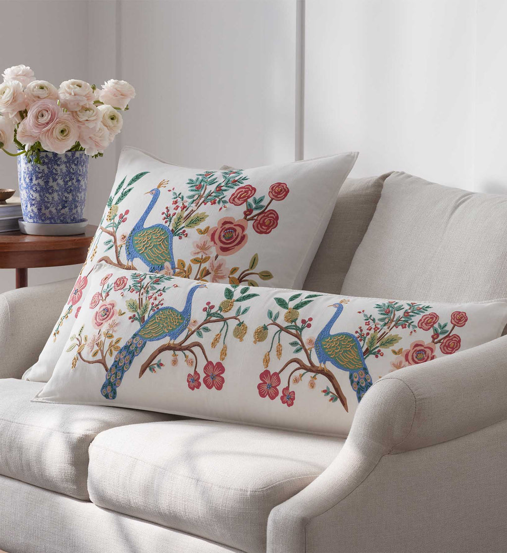 Embroidered Lumbar Pillow Cover - Peacock Ivory