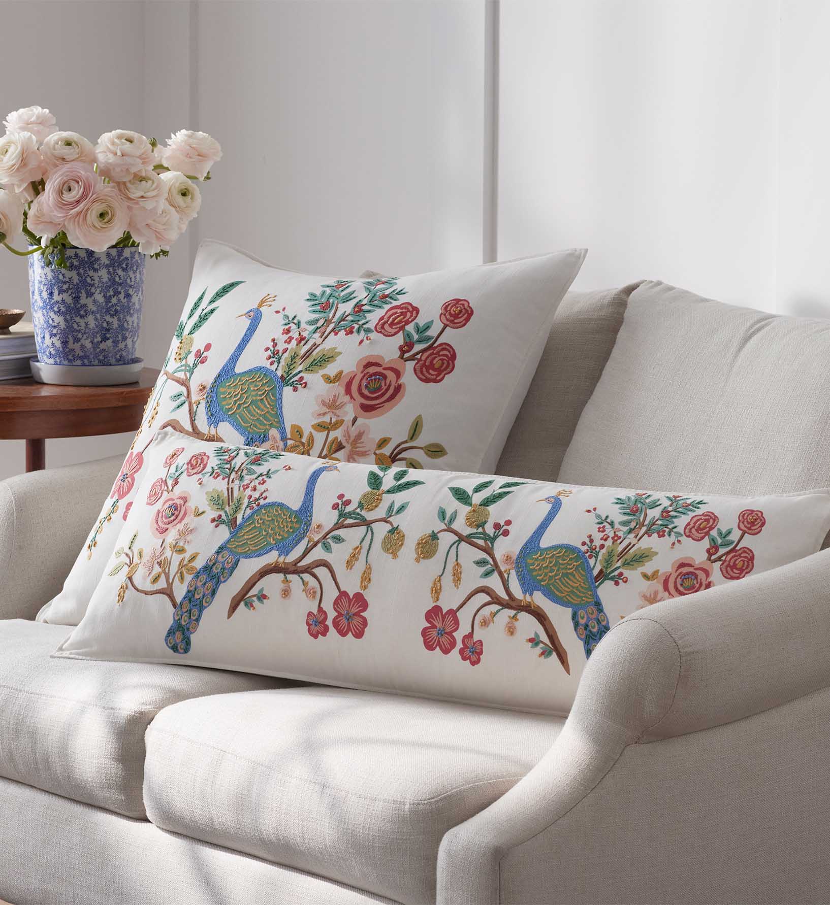 Embroidered Lumbar Pillow Cover - Peacock Ivory
