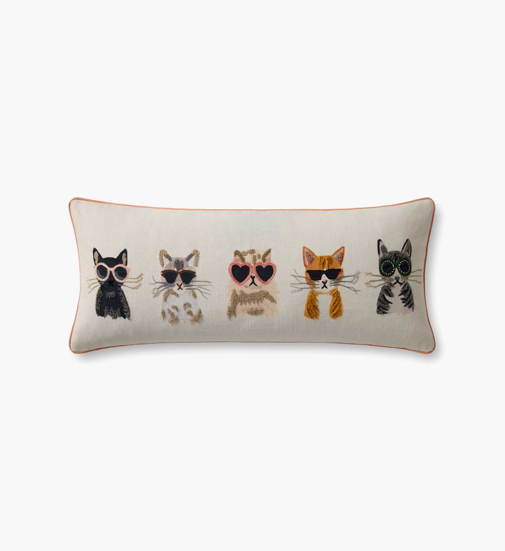Cool Cats Embroidered Lumbar Pillow - White