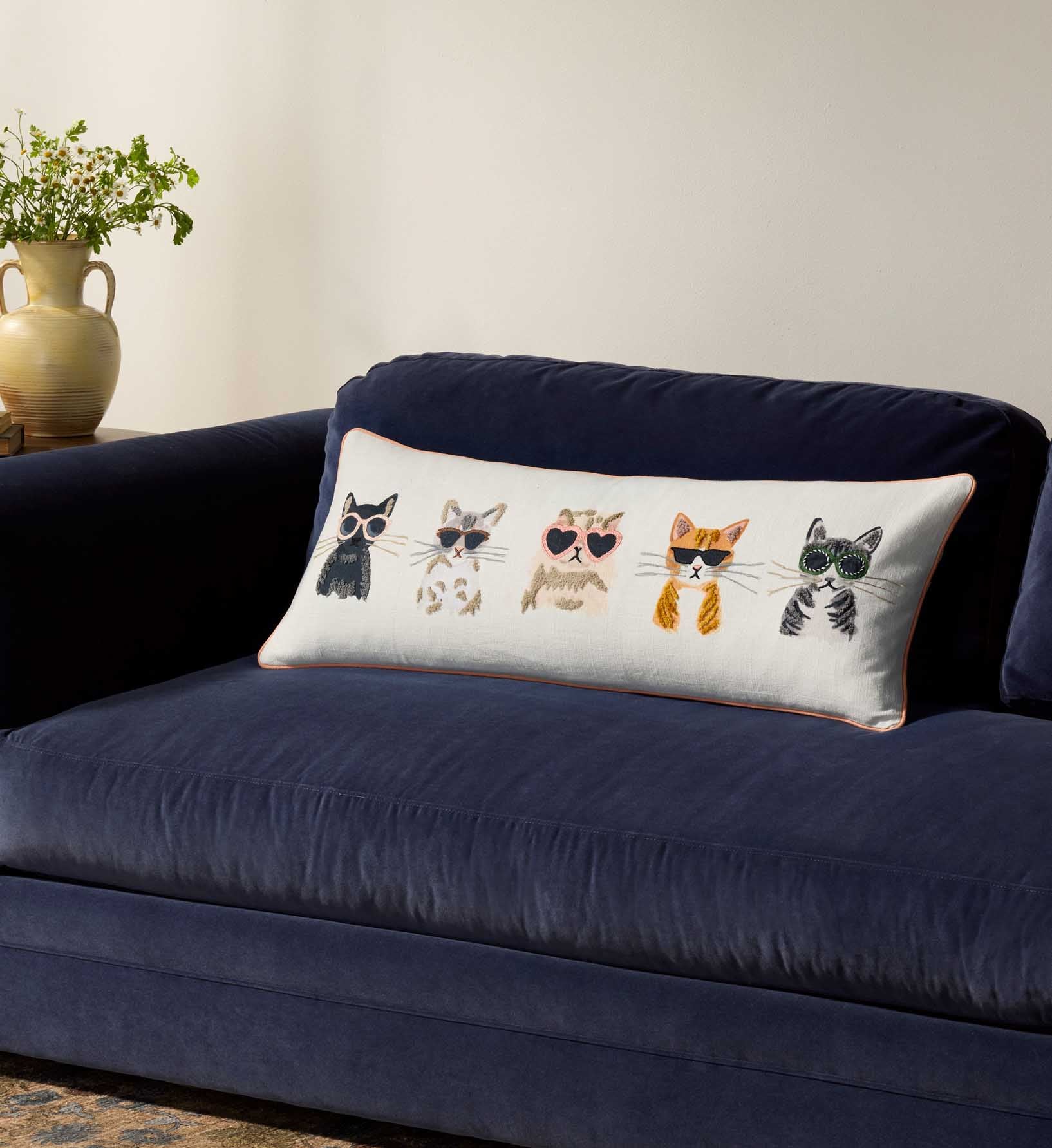 Cool Cats Embroidered Lumbar Pillow - White
